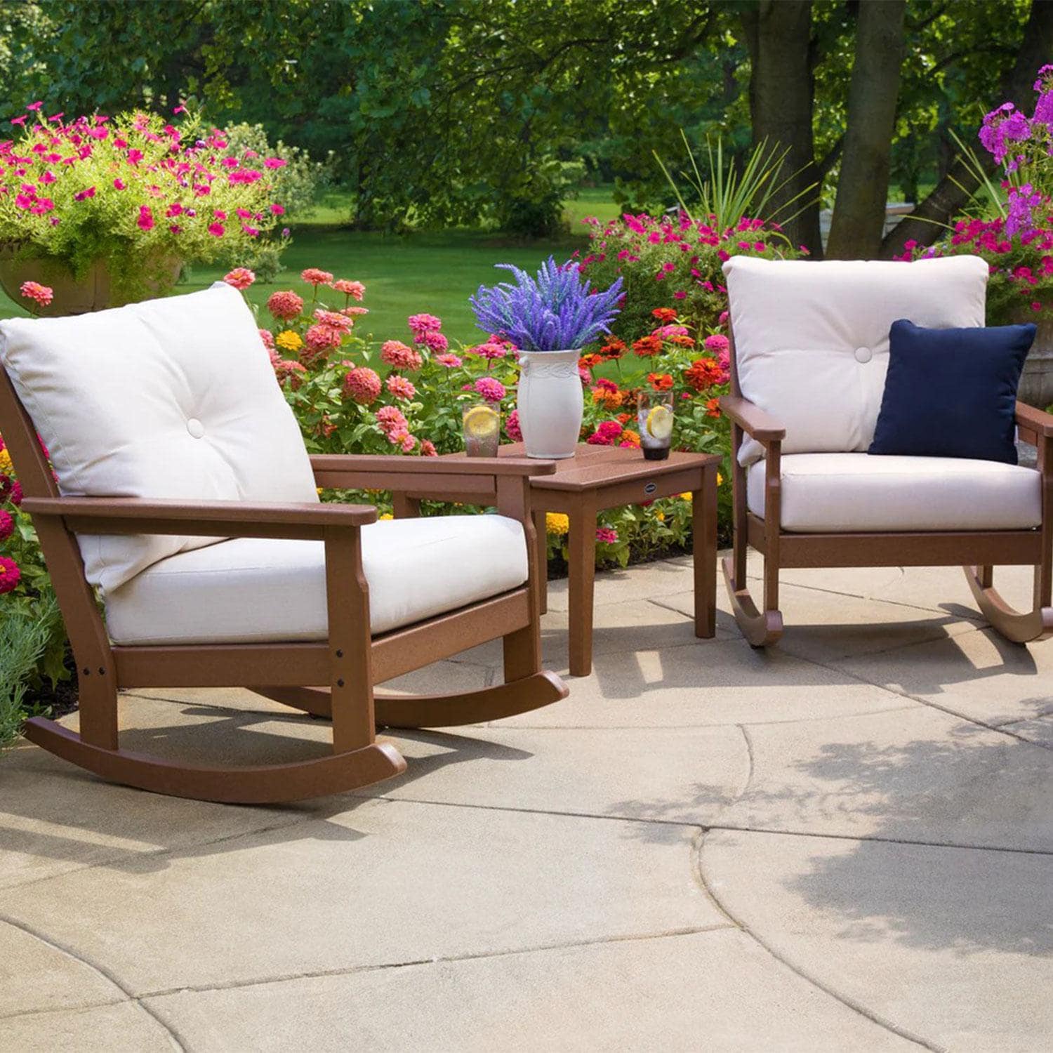 POLYWOOD Vineyard Sand & Ash Charcoal 3-Piece Deep Seating Rocker Set- Back Patio - Shown in Slate Grey/Dune Burlap finish - Lifestyle thumbnail