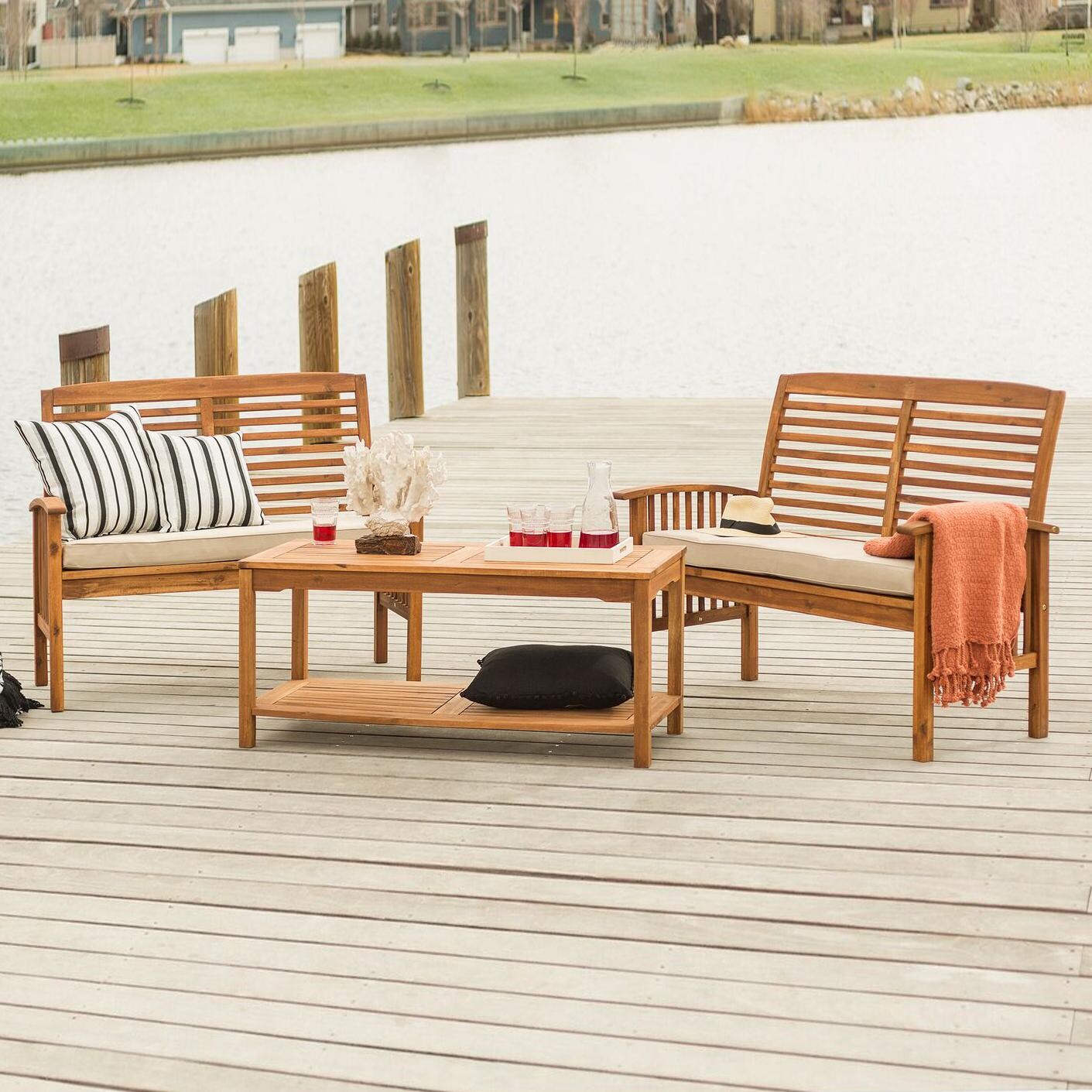 Midland 3 Piece Brown Acacia Patio Conversation Set W/ Loveseats & Natural Cushions By Walker Edison image