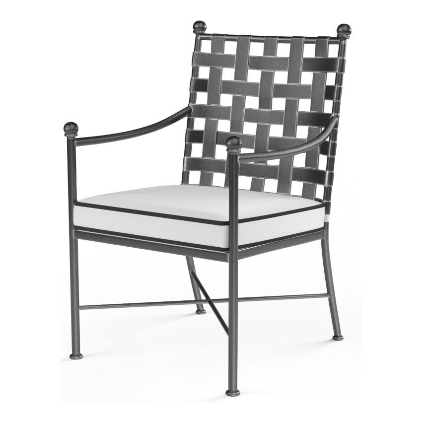 Provence Wrought Iron Dining Arm Chair w/ Contrast Spectrum Carbon Welt in Pewter/Canvas Natural by Sunset West - White Background thumbnail
