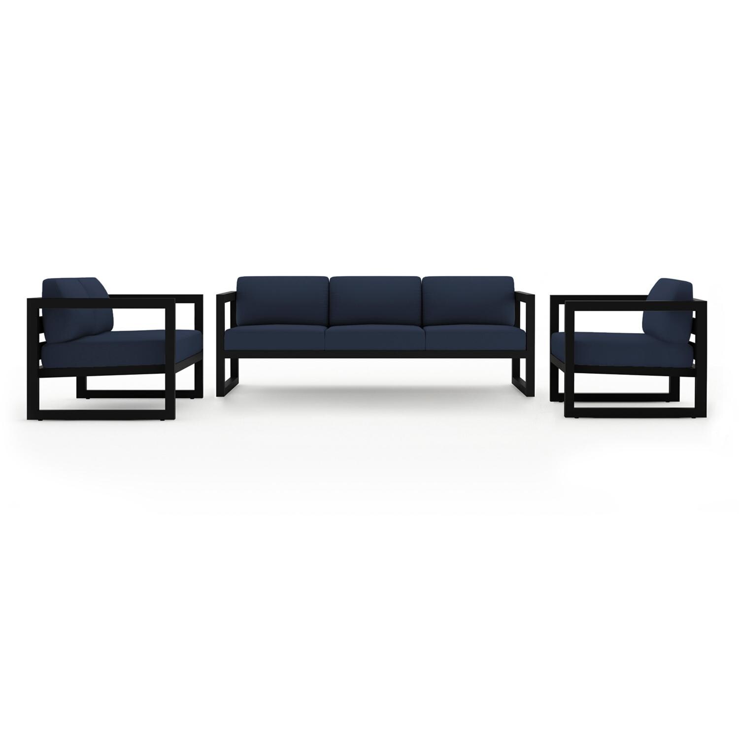 Lakeview MSTYCV-BK-3SLSS-IN Misty Cove 3 Pc Aluminum Seating Set in Black w/Sofa & Spectrum Indigo Cushions by Lakeview Outdoor Designs - Set - White Background thumbnail