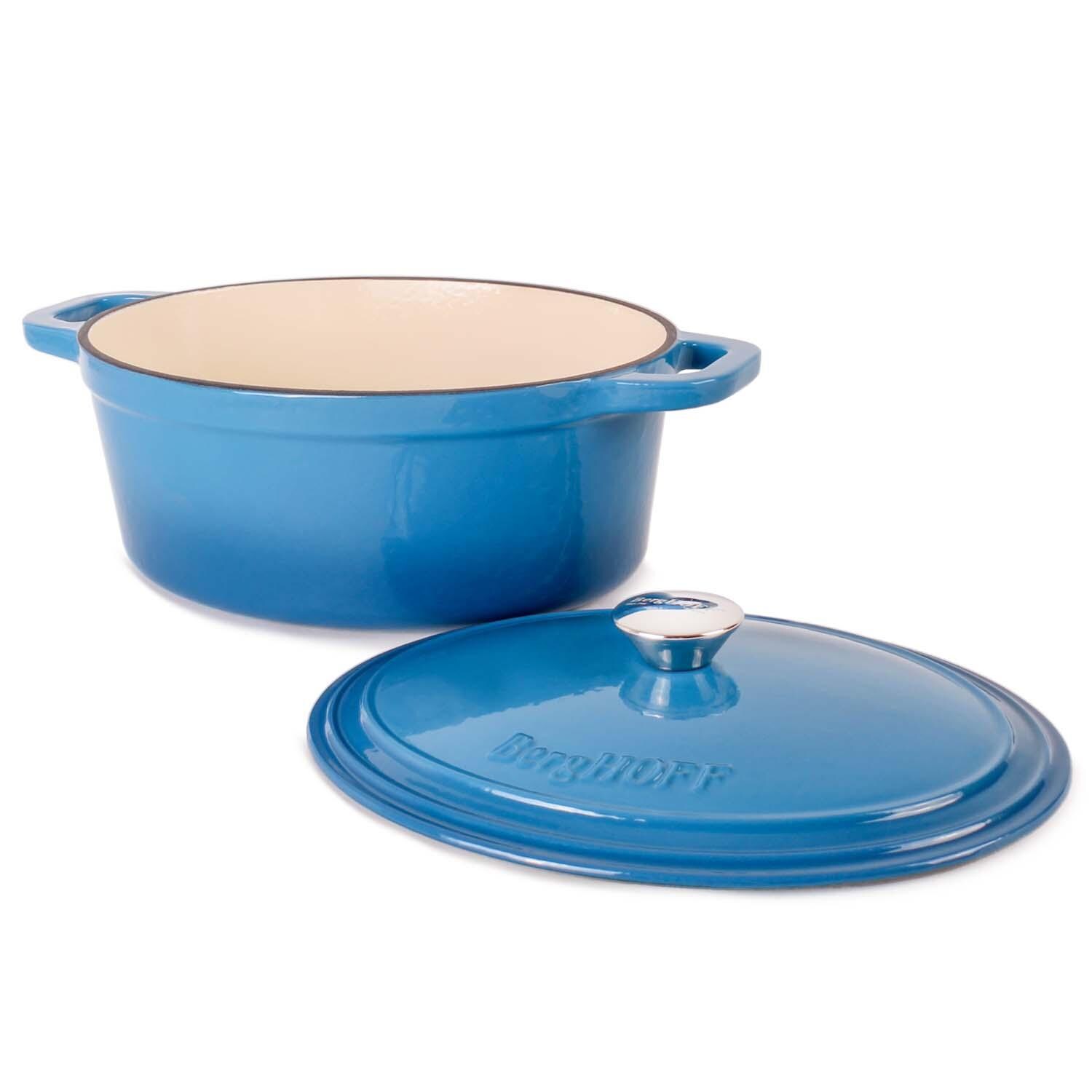 BergHOFF 13-in Neo Cast Iron 8 Qt. Oval Dutch Oven w/ Lid - Blue - Lid Off - White Background
