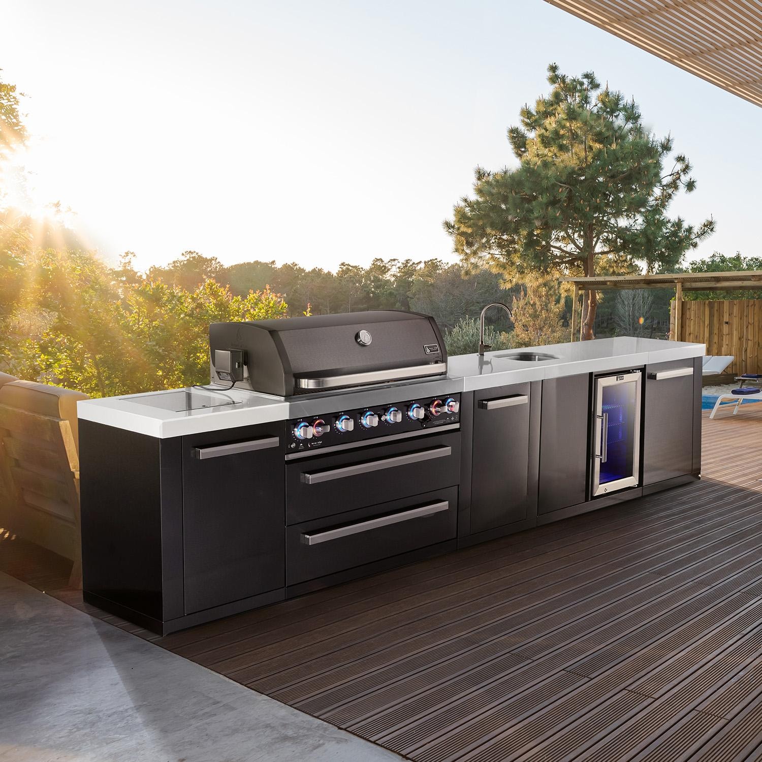 Mont Alpi Black Series 13 Ft Natural Gas Outdoor Kitchen Island w/ 44-in Grill, Side Burner, Beverage Center & Extra Door (Ships Propane w/ Conversion Kit) - On Patio - Lifestyle thumbnail