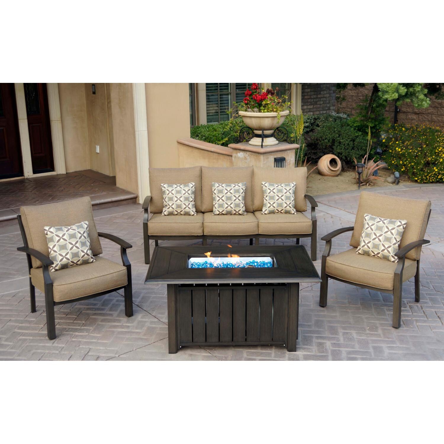 Darlee B/207-4PC-38QB Brooklyn 4 Piece Aluminum Patio Fire Pit Conversation Set w/ Sesame Polyester Cushions - Lifestyle thumbnail