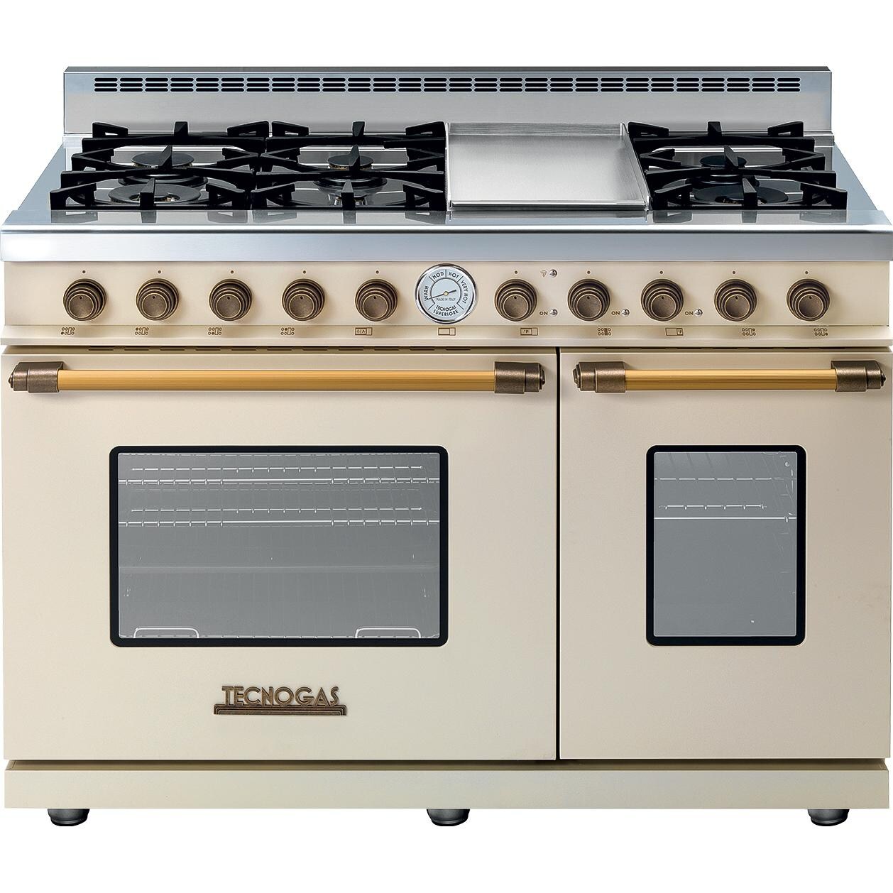 Tecnogas Superiore 48-Inch DECO Natural Gas Range With 6 Burners & Griddle - Cream / Brass - RD482GCC-B