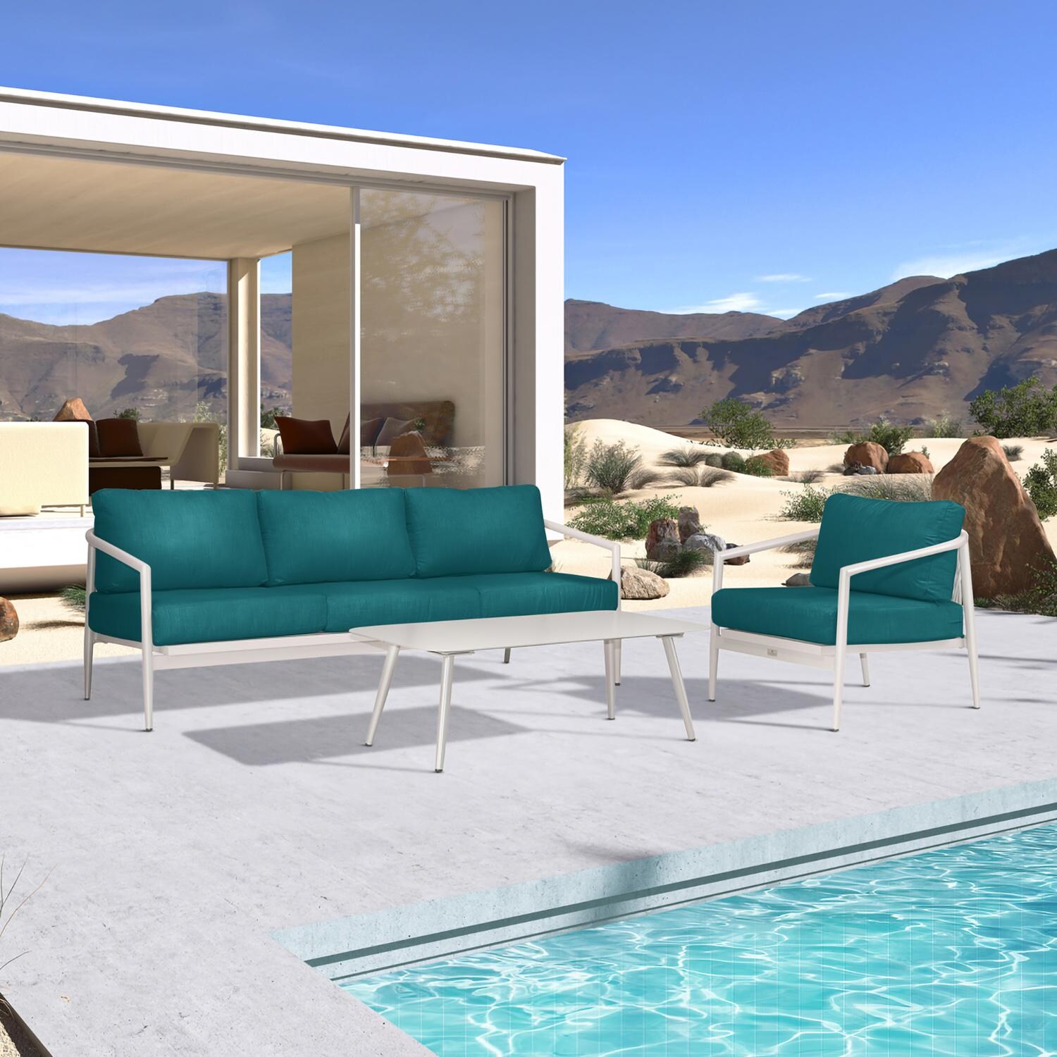 Lakeview Midnight Cove 3 Pc Aluminum Sofa Seating Set in Urban Stone/Carrera/Spectrum Peacock - Angled - Lifestyle thumbnail