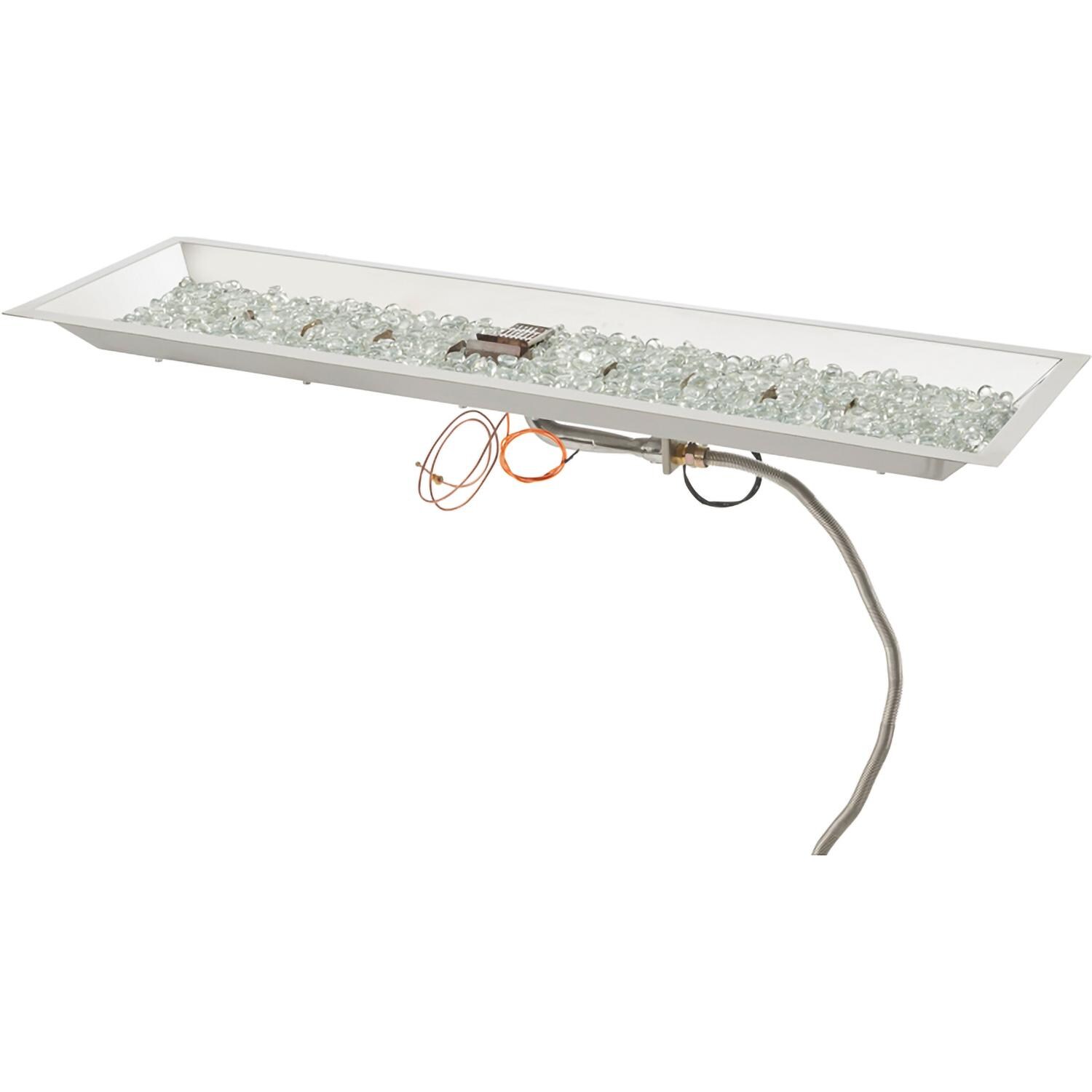 The Outdoor GreatRoom Company CFP1242DSILP Crystal Fire Plus 42 Inch Drop-In Linear 80,000 BTU Propane Fire Pit Burner Kit w/ Direct Spark Ignition - Stainless Steel - Kit w/ Glass - White Background thumbnail
