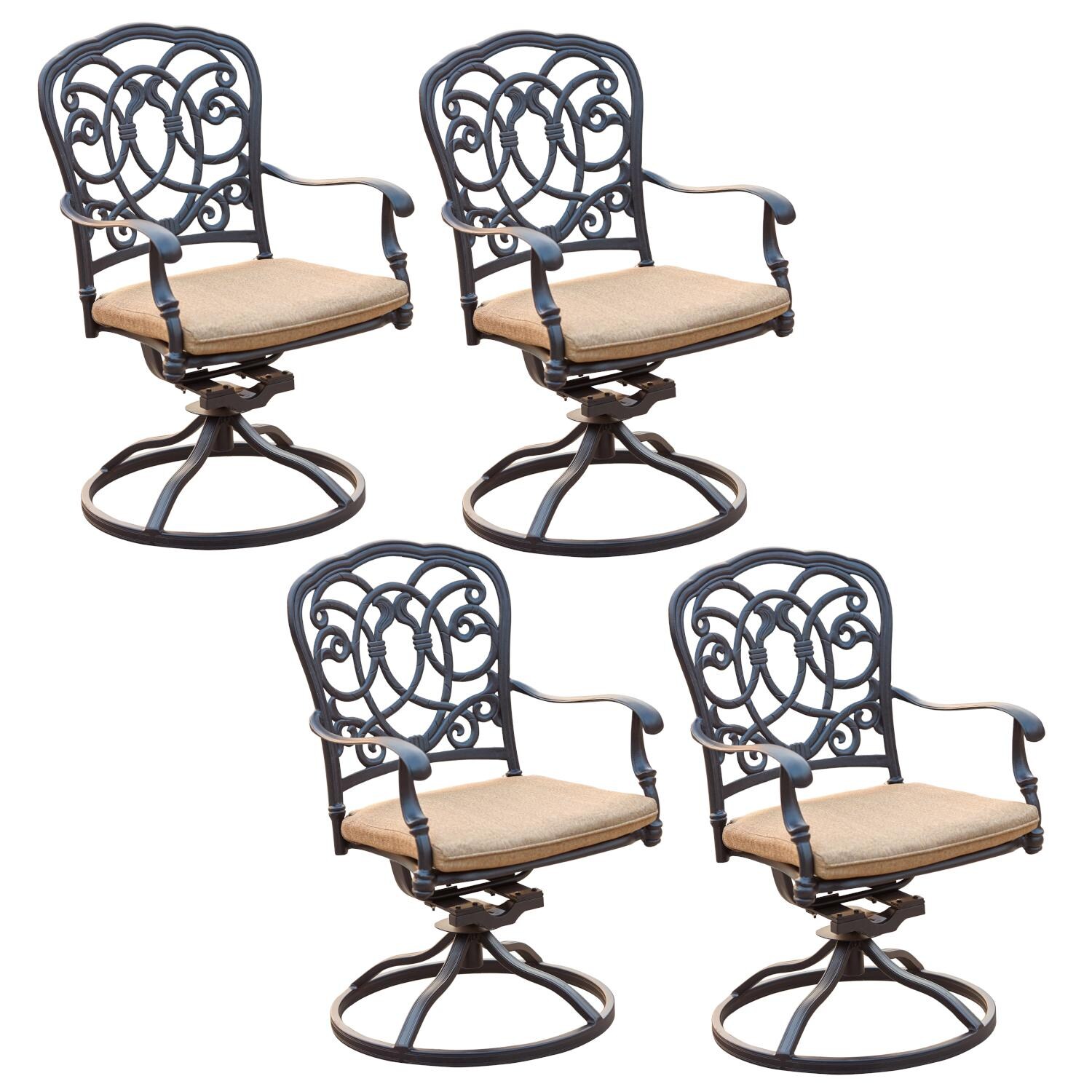 Darlee Florence 4 Piece Cast Aluminum Patio Swivel Rocker Dining Chair Set W/ Sesame Cushions image