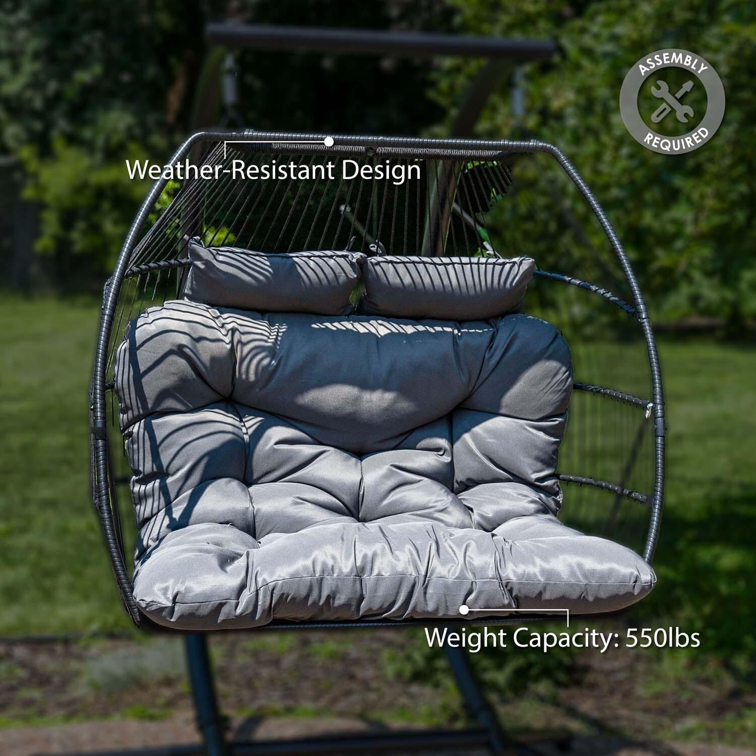 Double Egg Chair w/ Cushion By Ultimate Patio - Angled View- Lifestyle thumbnail