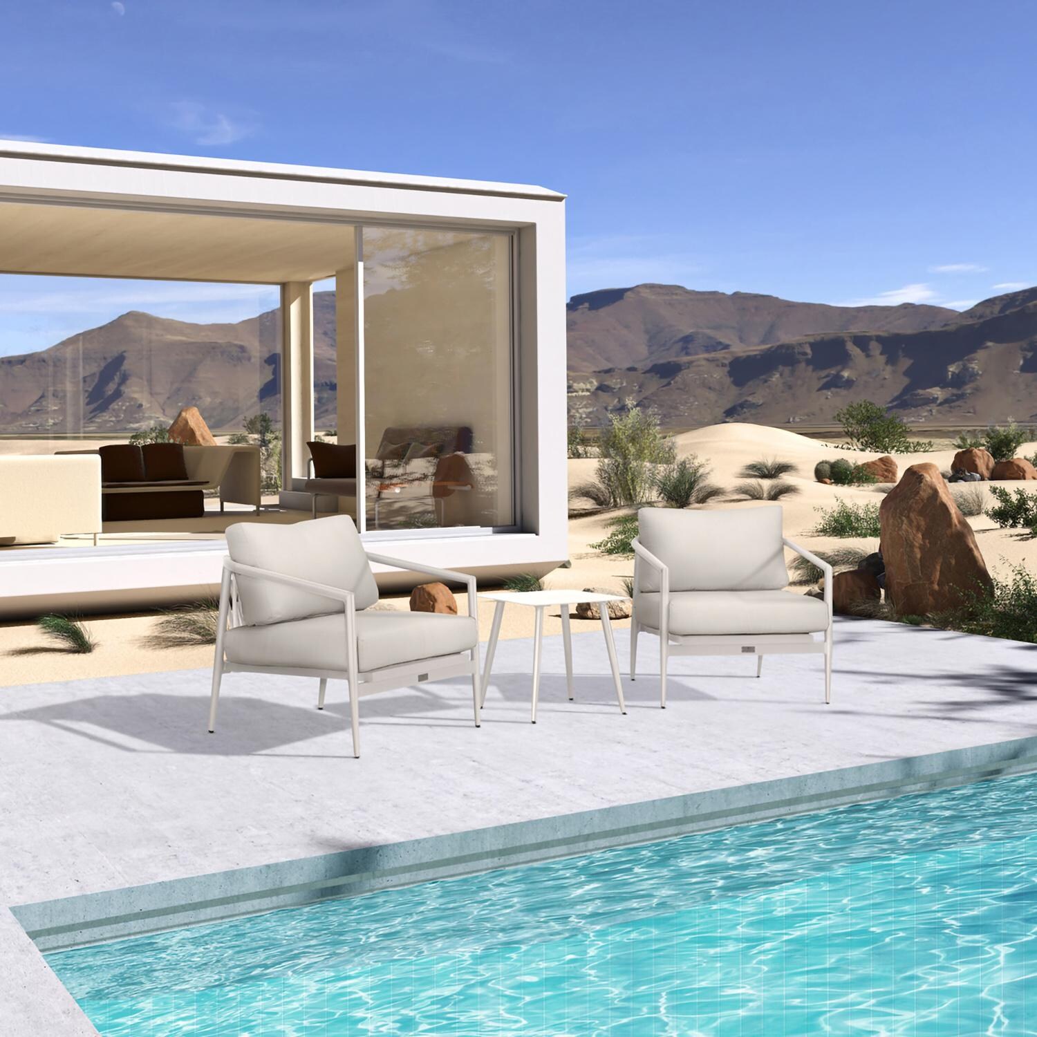 Lakeview Midnight Cove 3 Pc Aluminum Club Chair Seating Set in Urban Stone/Carrera/Cast Silver - Angled - Lifestyle thumbnail