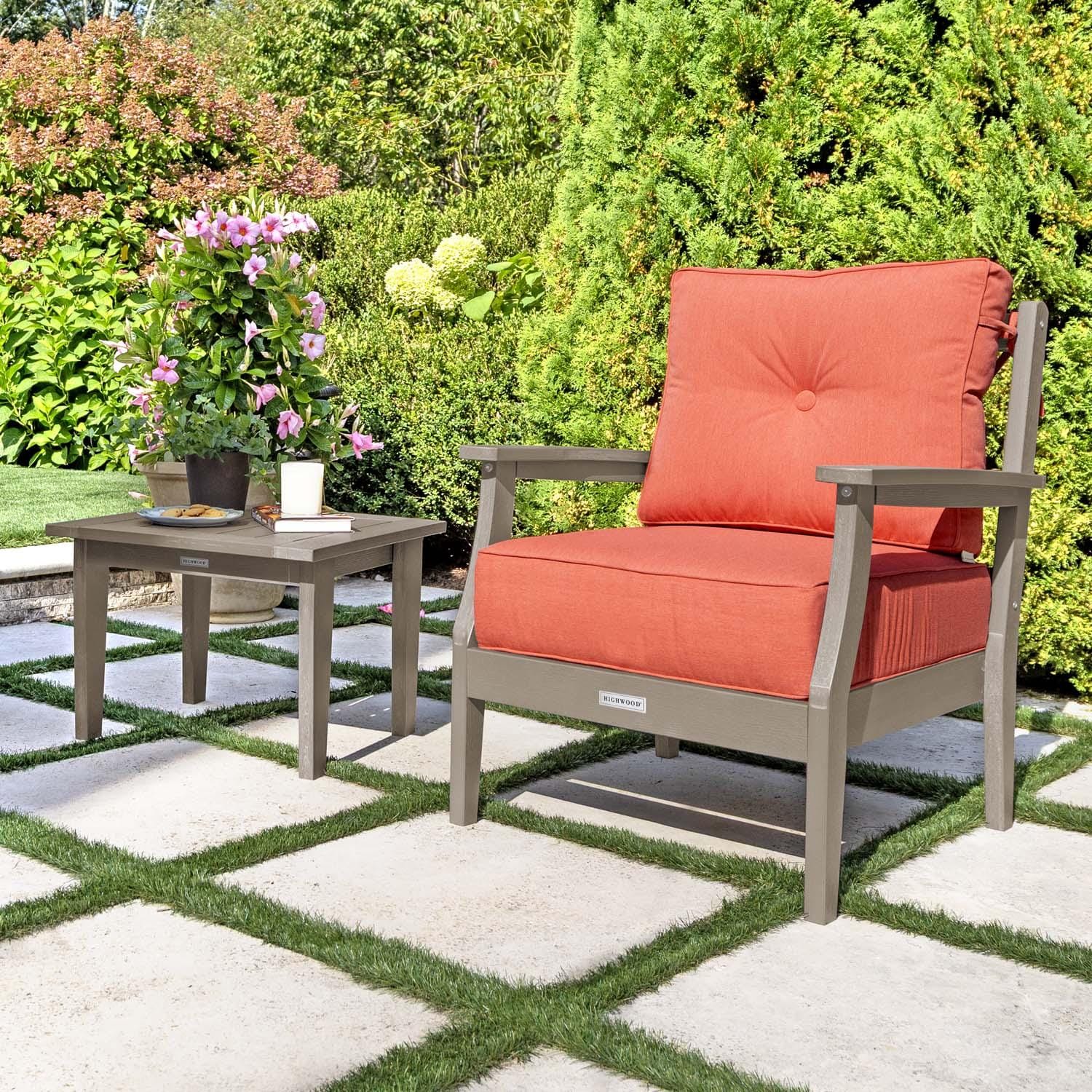 Blushing Bay 3 Pc Recycled Plastic Seating Set in Canvas Persimmon/Woodland Brown by Lakeview Outdoor Designs - Close Up - Lifestyle thumbnail