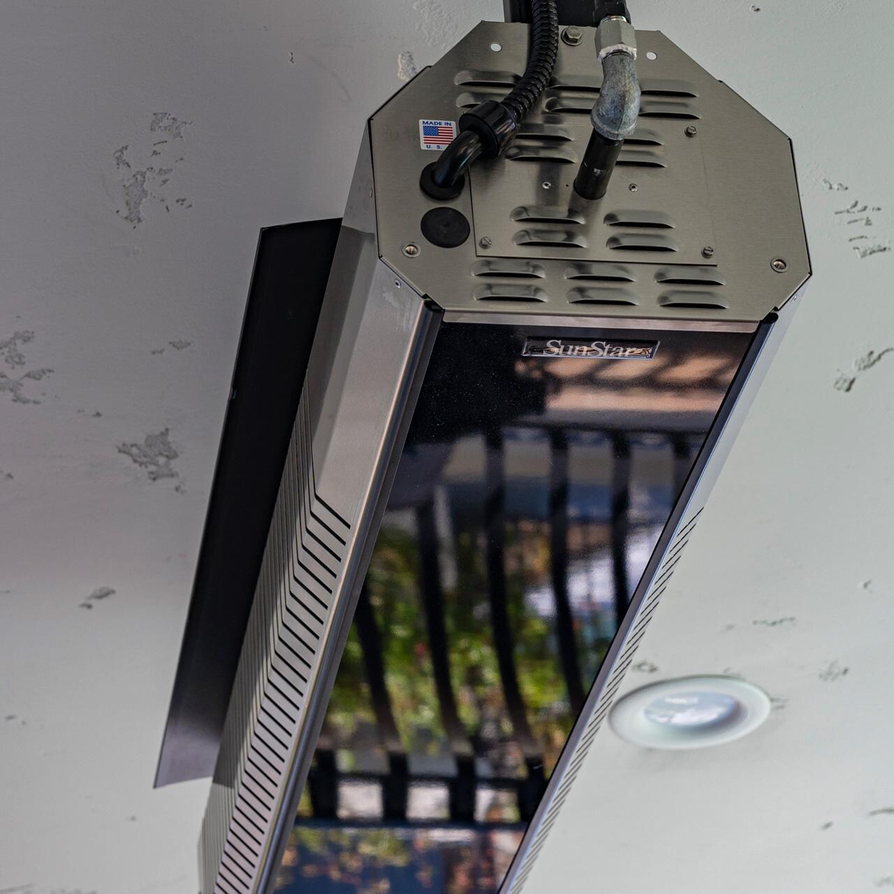 SunStar GLASS N10 MGL0 Marine Grade 48-Inch 35,000 BTU Natural Gas Patio Heater - Mounted Underside View (Black Heat Shield Shown - Stainless Steel Shield Included) thumbnail