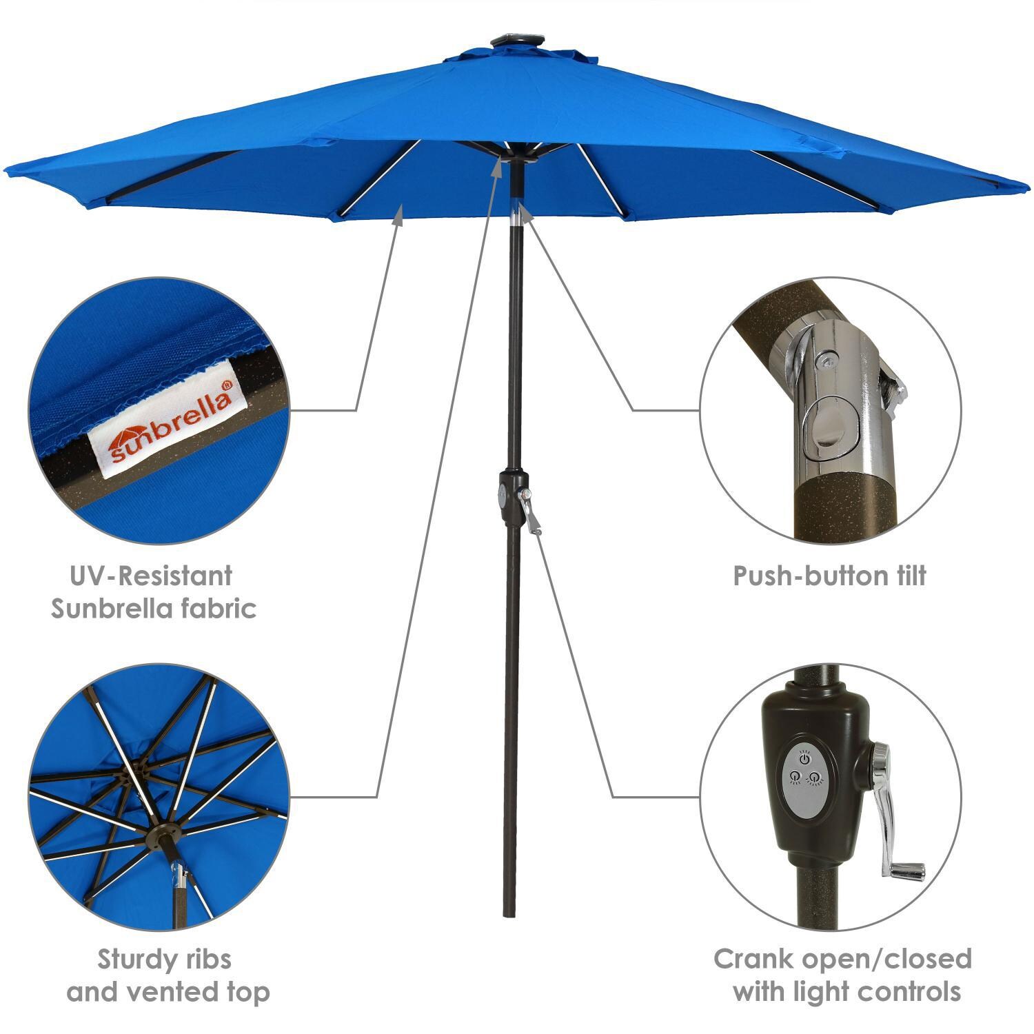Ultimate Patio 9 Ft. Solar Lighted Patio Umbrella W/ Crank & Tilt - Pacific Blue - Sunbrella Fabric, Sturdy Ribs, Push-Button Tilt, & Crank Lift thumbnail