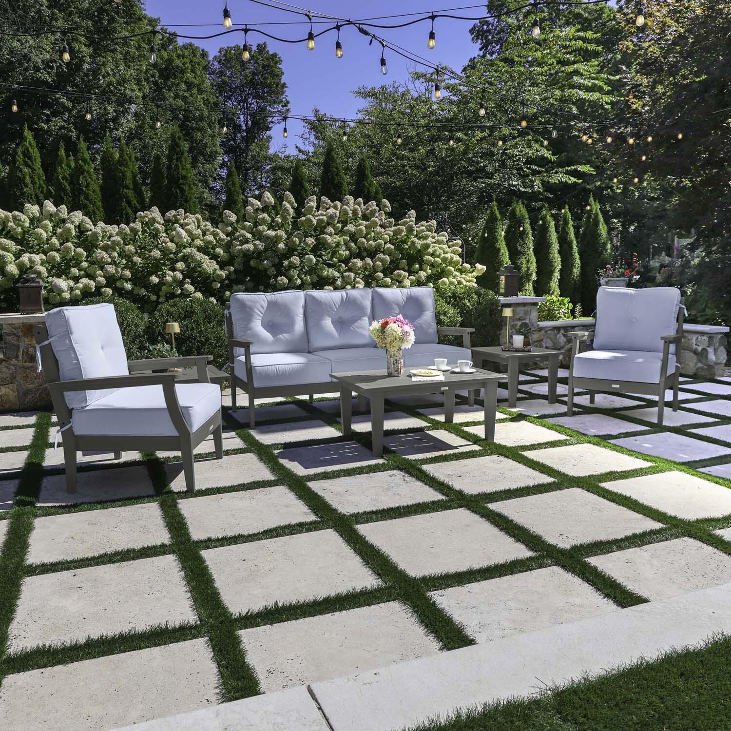 Blushing Bay 6 Pc Recycled Plastic Seating Set w/ Sofa in Bliss Dew/Coastal Teak by Lakeview Outdoor Designs