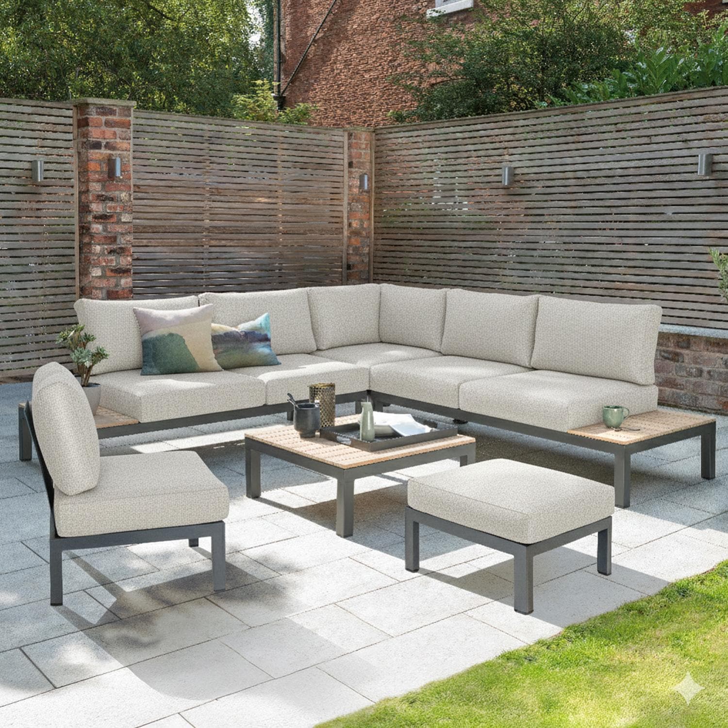 KETTLER Elba 6 Pc Aluminum Seating Set w/ Teak Tabletop in Charcoal/Cast Silver by - 393105-0200K6CS