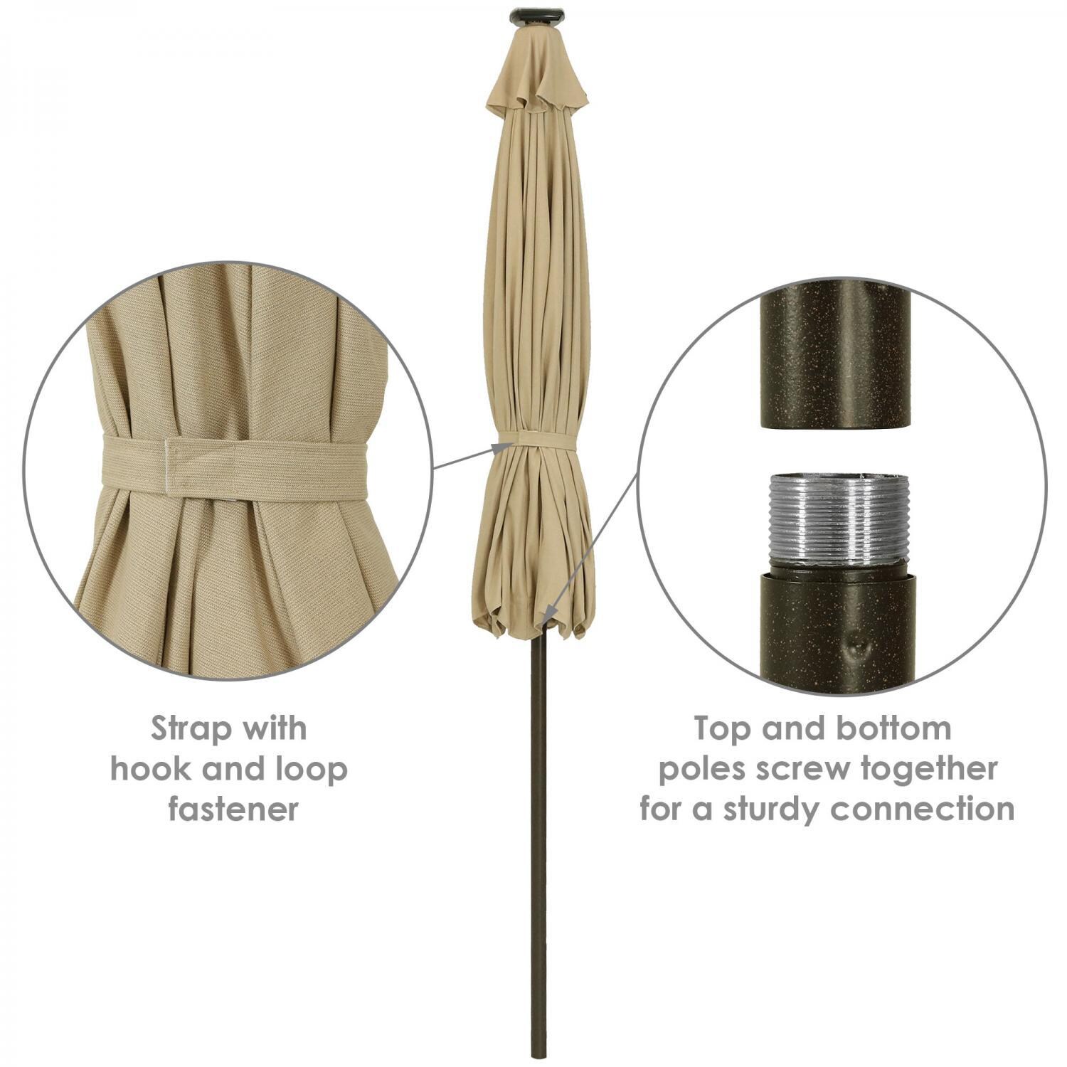 Ultimate Patio 9 Ft. Solar Lighted Patio Umbrella W/ Crank & Tilt - Beige - Canopy Strap & Pole Connection thumbnail