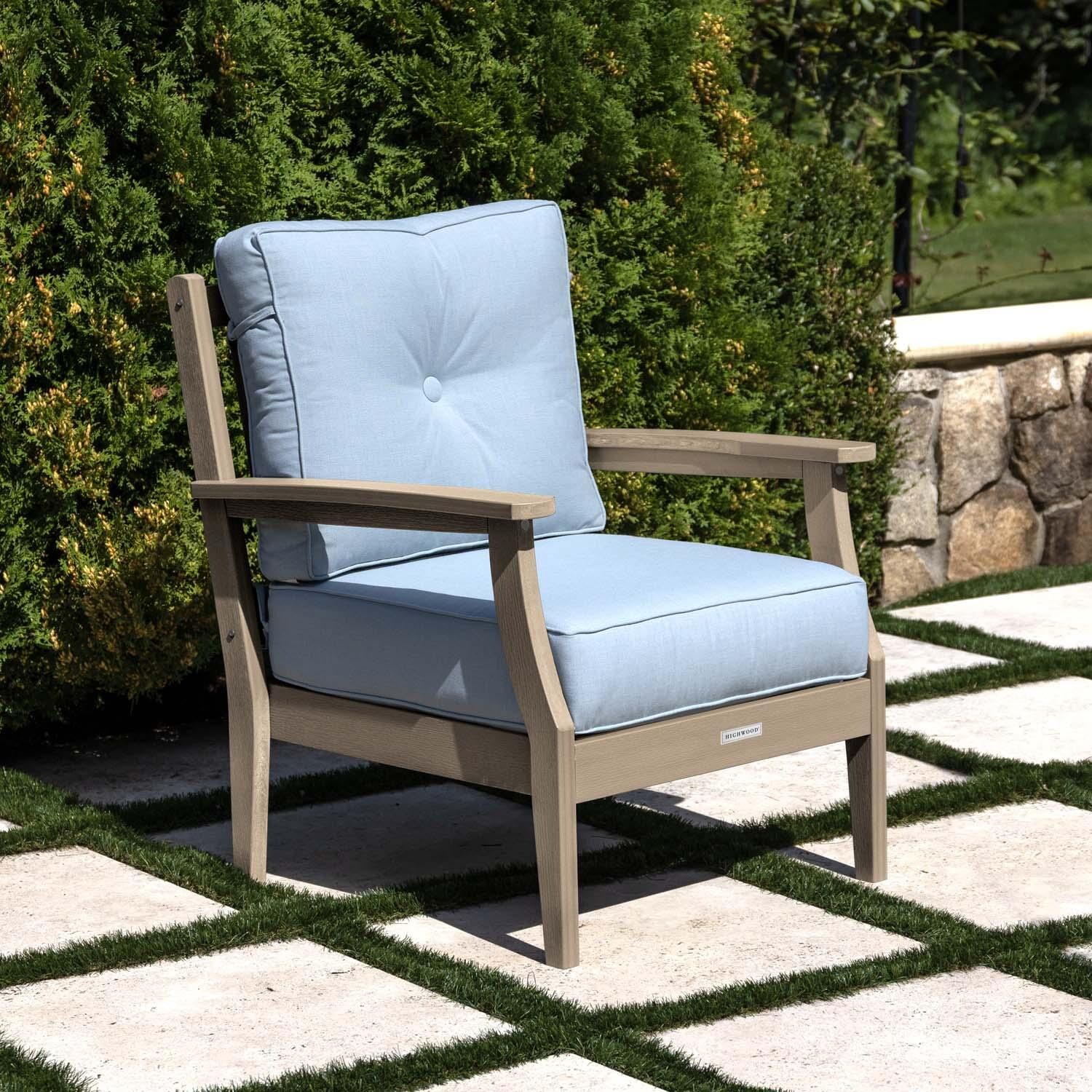 Blushing Bay Recycled Plastic Club Chair in Bliss Dew/Woodland Brown by Lakeview Outdoor Designs - On Patio - Lifestyle thumbnail