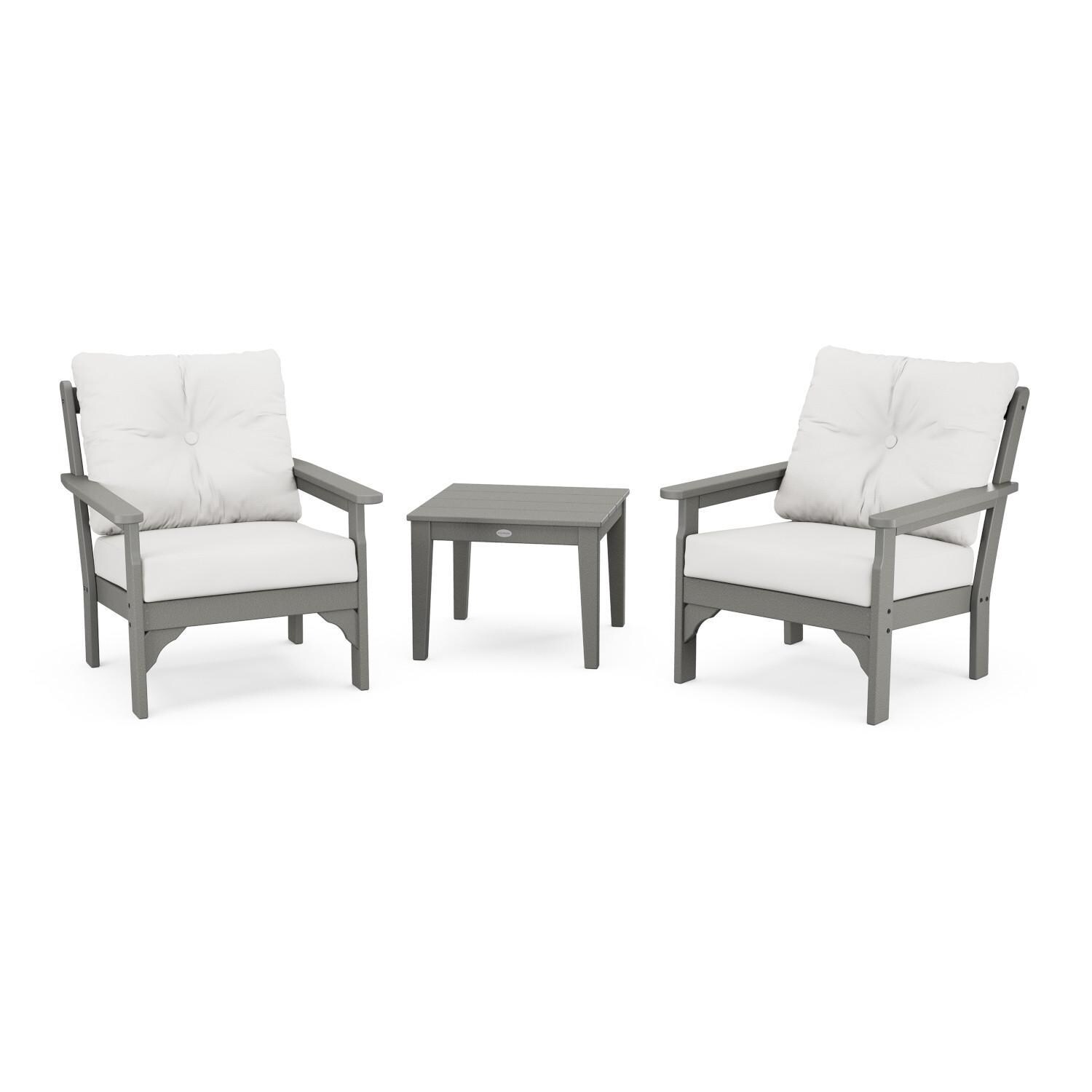 Vineyard 3 Pc Recycled Plastic Seating Set in Slate Gray/Natural Linen by POLYWOOD