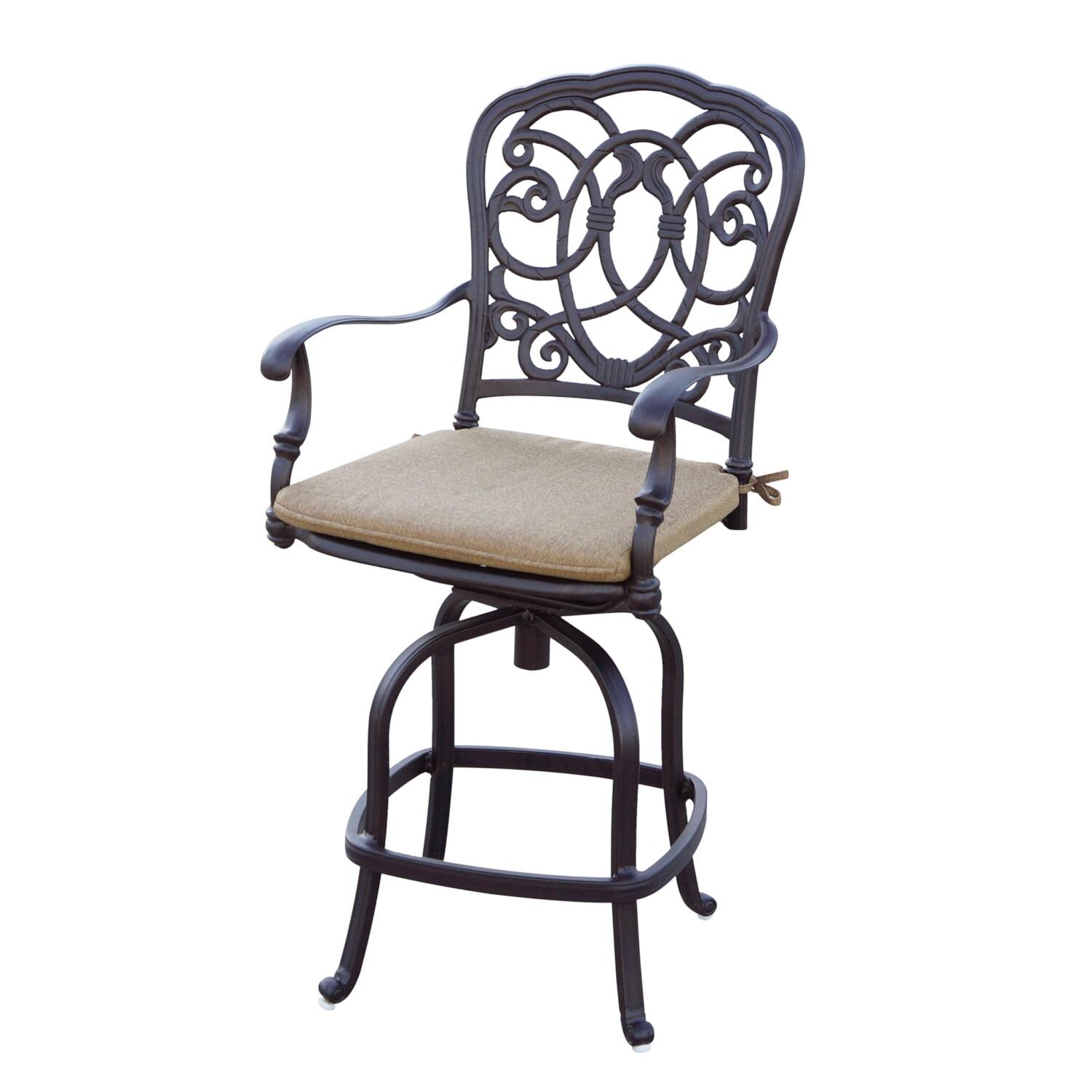 Darlee 201020-9PC-60GHW Florence 9 Piece Cast Aluminum Patio Counter Height Fire Pit Bar Set W/ 64 Inch Square Table & Sesame Cushions - Counter Height Bar Stool thumbnail