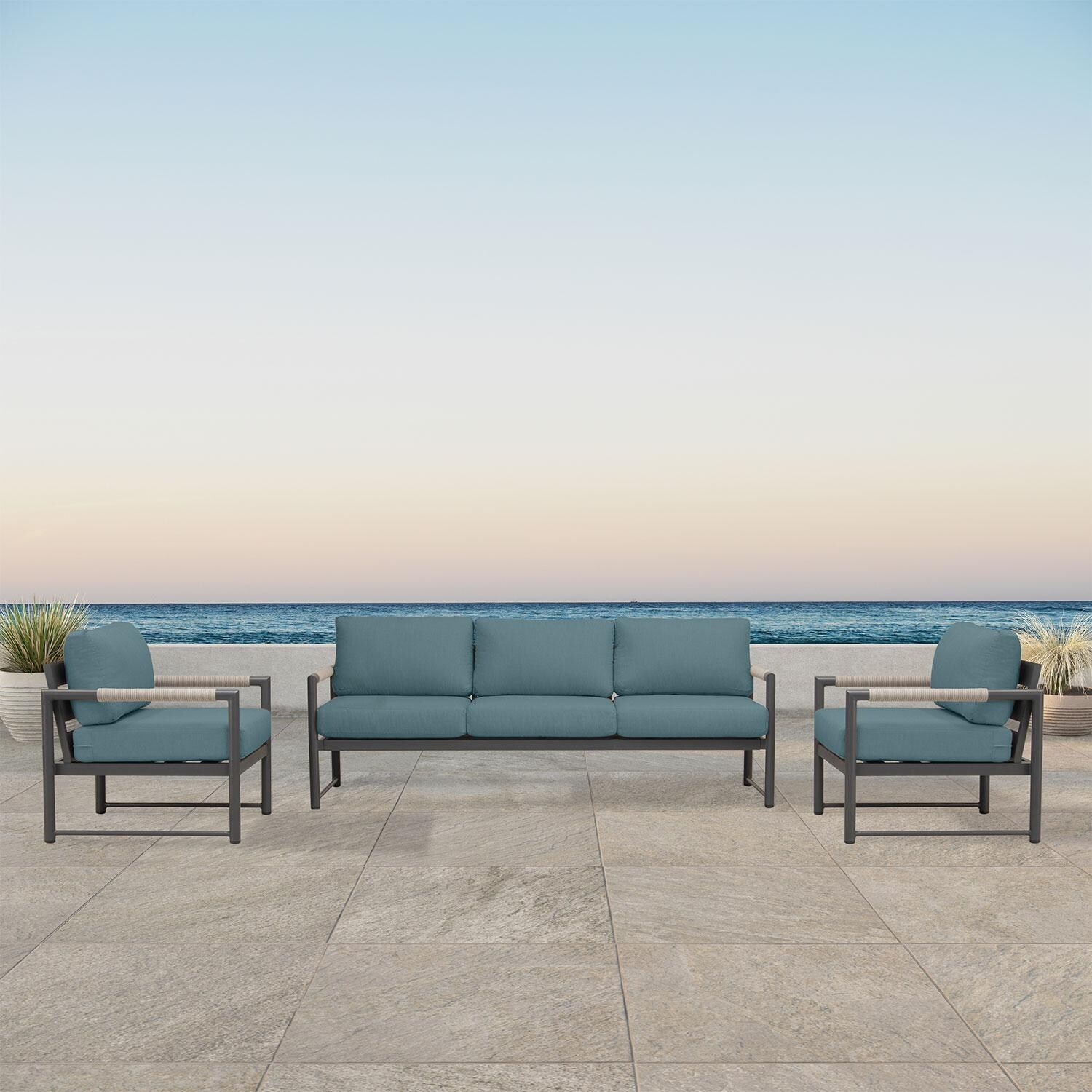 Avenue Bay 3 Pc Aluminum Sofa Club Chair Set in Slate/Cast Lagoon by Lakeview Outdoor Designs