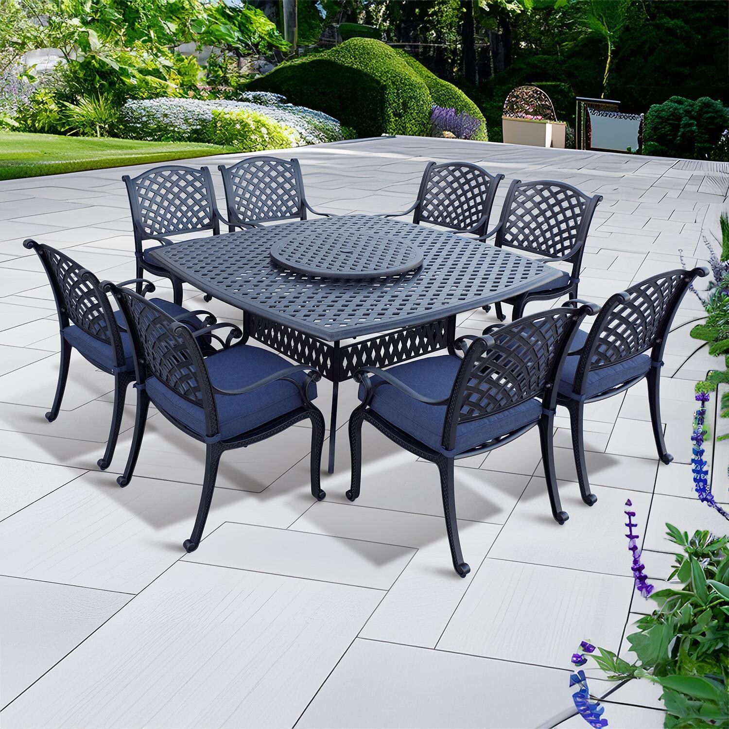 Nassau 10 Pc Cast Aluminum Dining Set w/ 64 Inch Square Series 30 Table & Lazy Susan in Antique Bronze/Navy by Darlee
