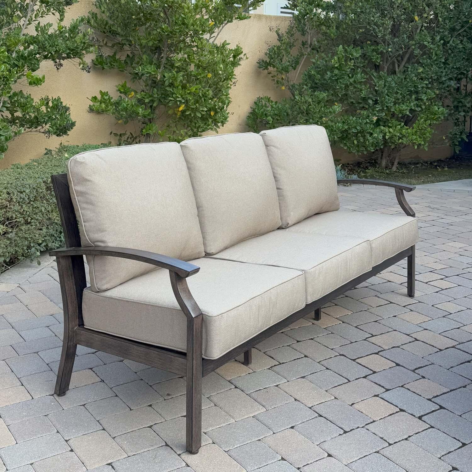 Atlantis 4 Pc Aluminum Seating Set w/ Rectangular Coffee Table in Walnut/Beige by Darlee - Sofa - Lifestyle thumbnail