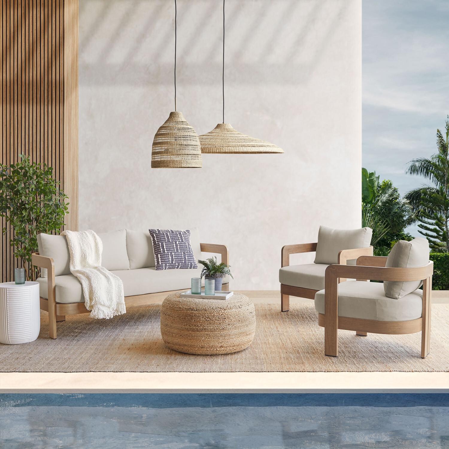 Lakeview Outdoor Designs SC13095-WDLK Bocage Metal Club Chair in Weathered Lakewood w/ Cushions - By the Pool Angle - Lifestyle thumbnail