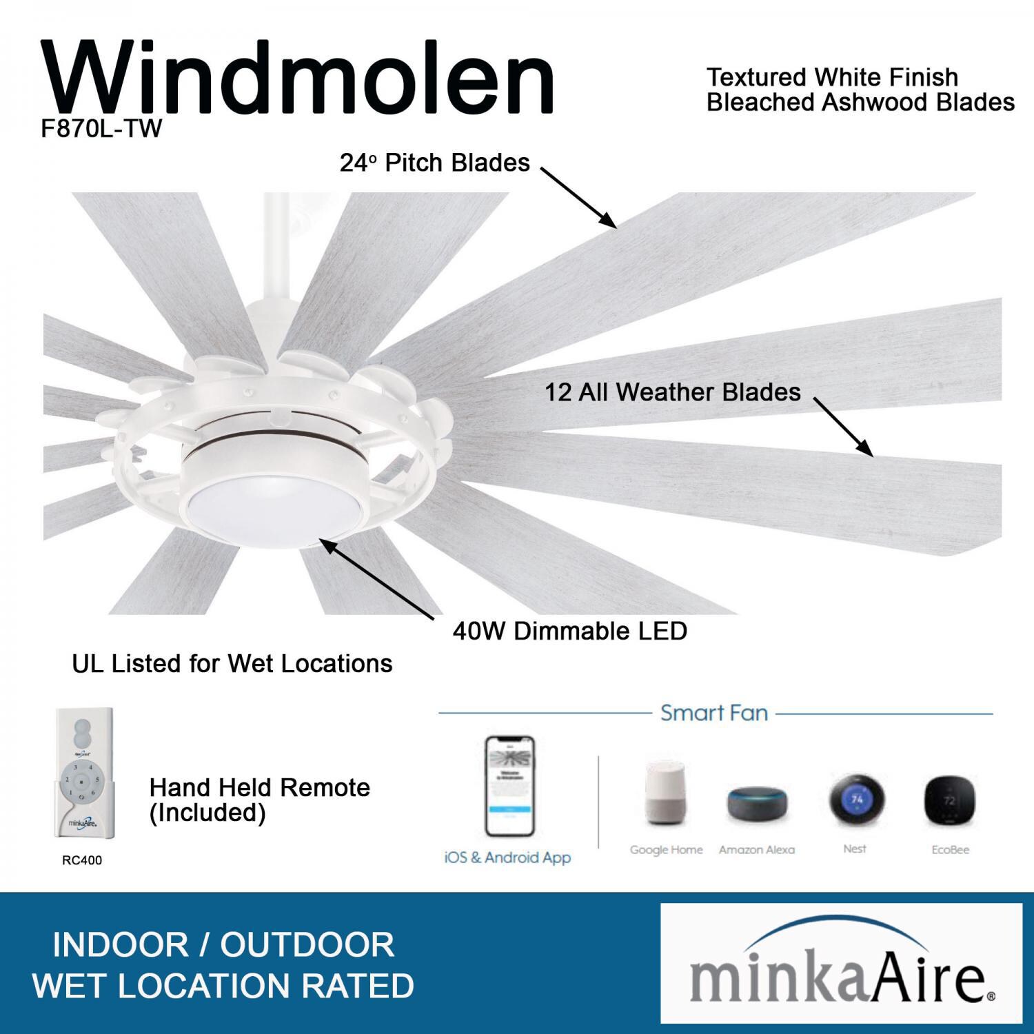 Minka-Aire F870L-TW Windmolen 65-Inch 12-Blade LED Ceiling Fan in Textured White Finish w/ Bleached Ashwood Blades & Etched Lens - Details thumbnail