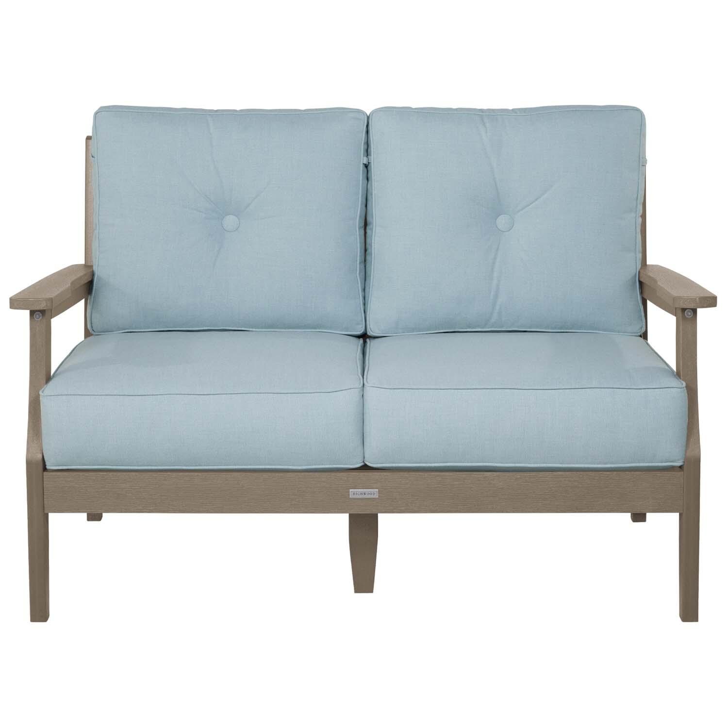 Blushing Bay 2 Person Recycled Plastic Loveseat in Bliss Dew/Woodland Brown by Lakeview Outdoor Designs - White Background thumbnail