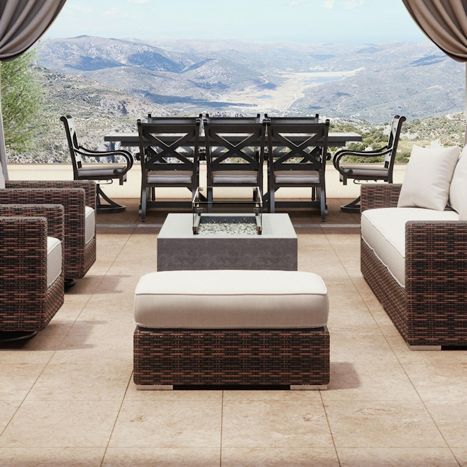 Montecito Wicker Patio Ottoman W/ Sunbrella Canvas Flax Cushion By Sunset West - Patio - Lifestyle thumbnail