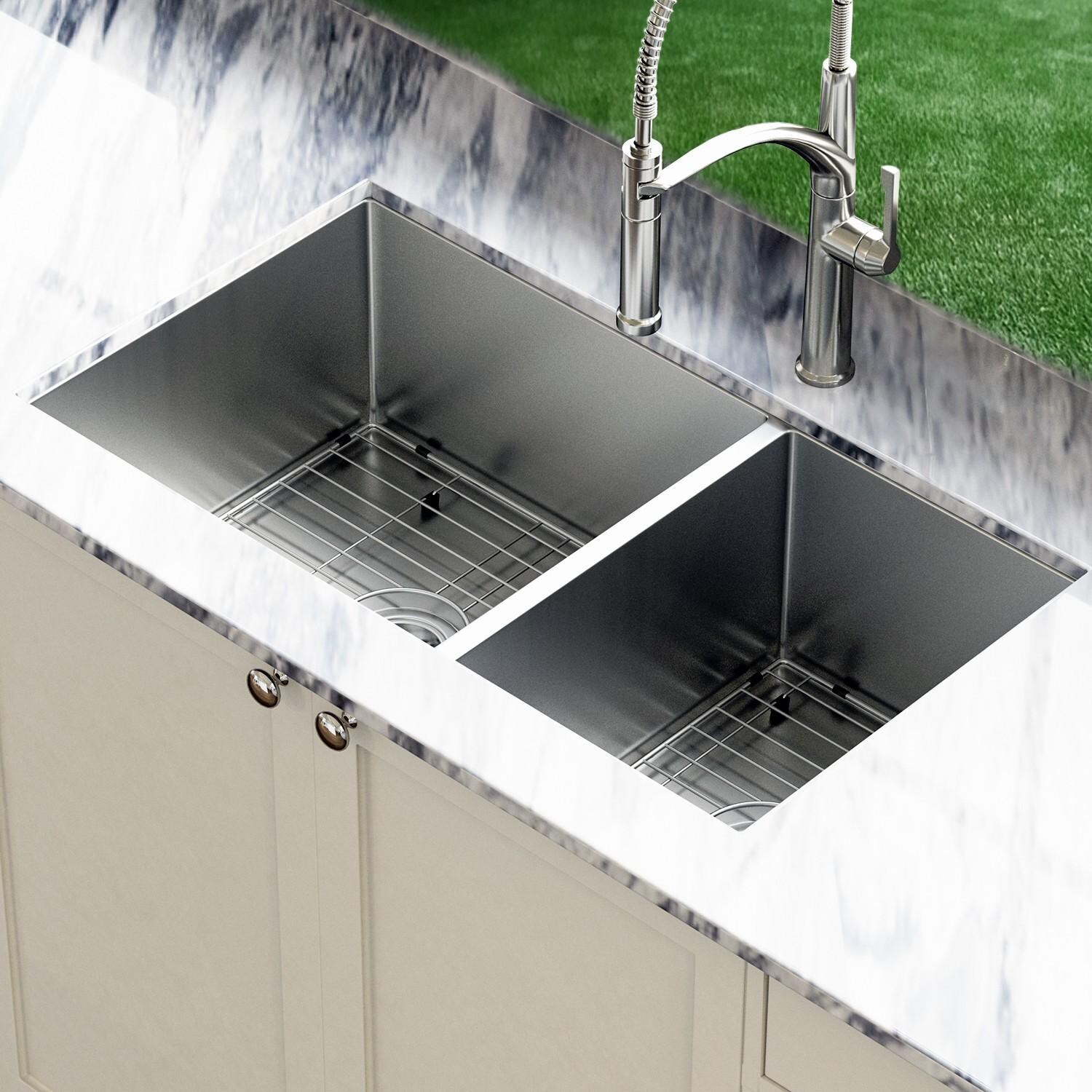 BBQGuys Signature Undermount Stainless Steel 36-Inch 60/40 Double Bowl Sink W/Grids and Strainer - Lifestyle thumbnail