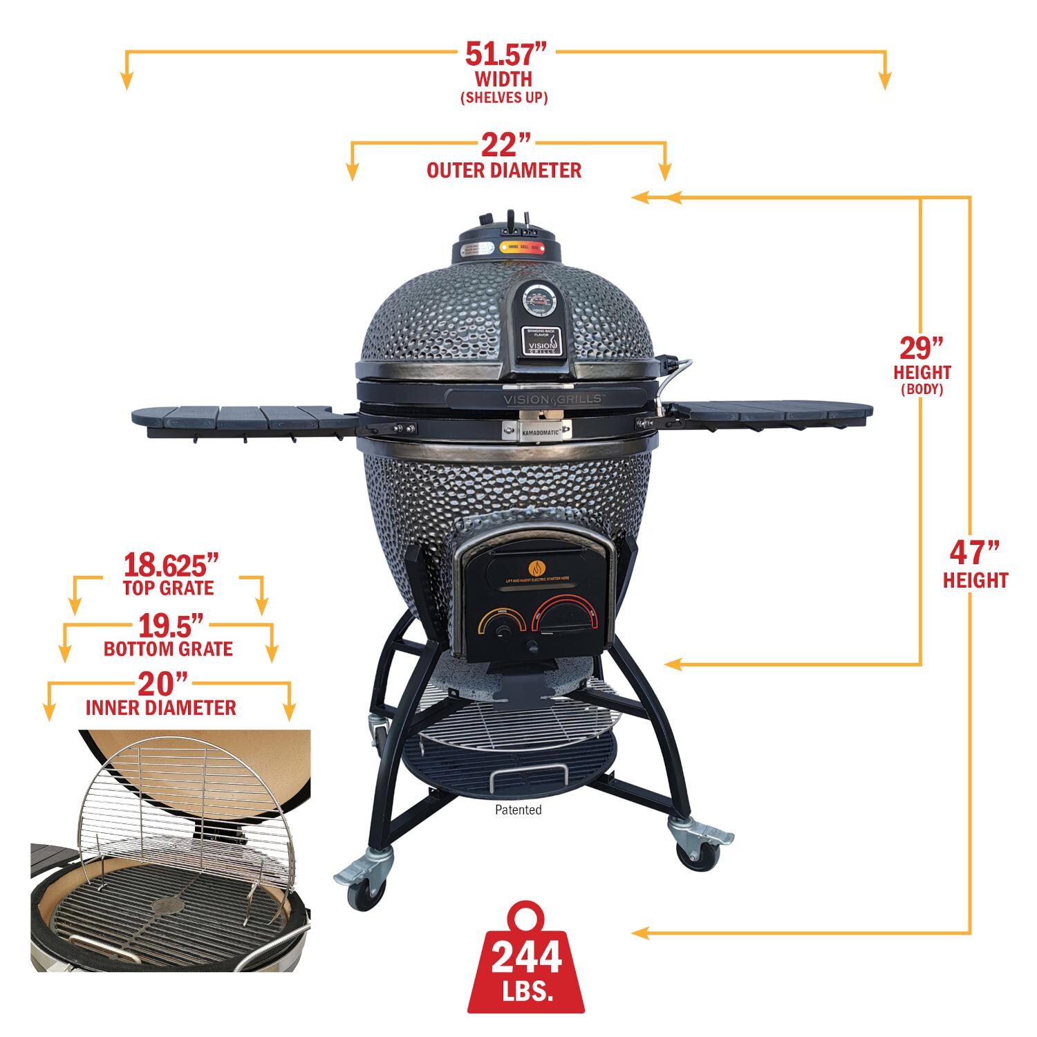 Vision Grills XD-402MG Vision Elite Series XD402 Deluxe 20-Inch Kamado Grill - Metallic Gun Metal Grey - Dimensions thumbnail