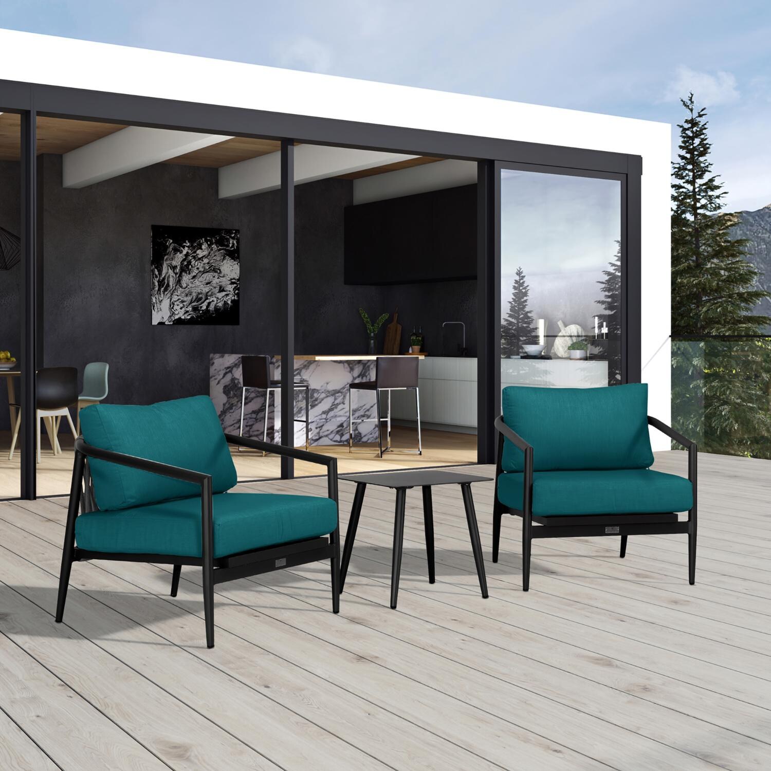 Lakeview Midnight Cove 3 Pc Aluminum Club Chair Seating Set in Black/Carbon/Spectrum Peacock - Detail - Lifestyle thumbnail