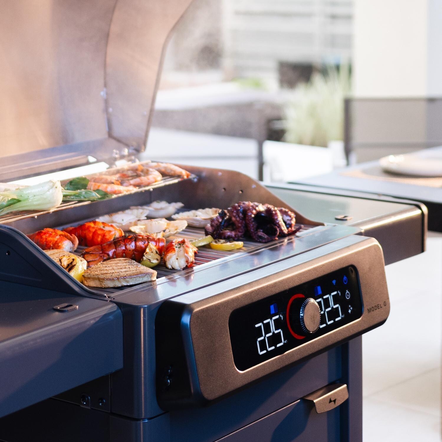 Current 24653014BC Model G Dual Zone Electric Grill W/ Cabinet in Black - Cooking Control Panel - Lifestyle thumbnail