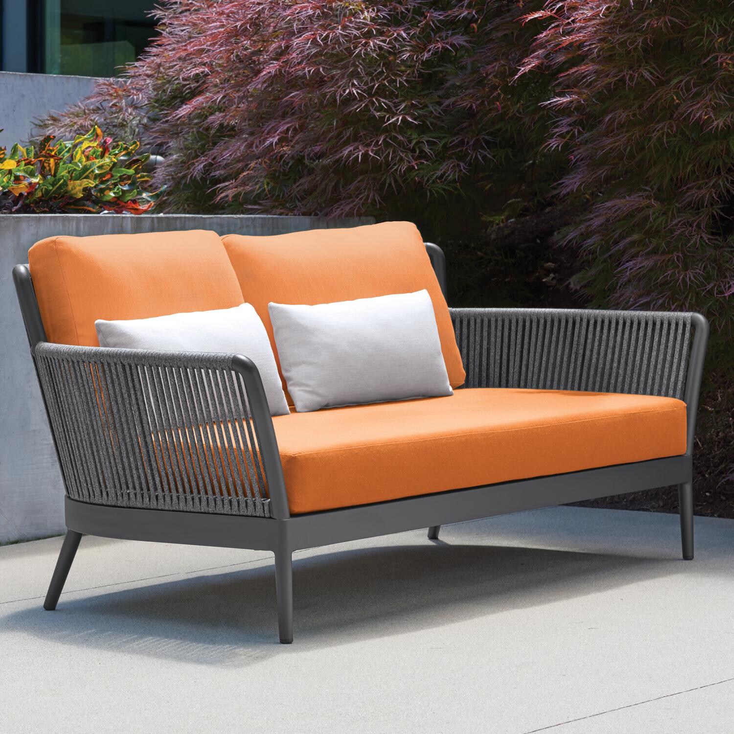 Nette Woven Rope Loveseat w/ Lumbar Pillows in Carbon/Tangerine by Oxford Garden