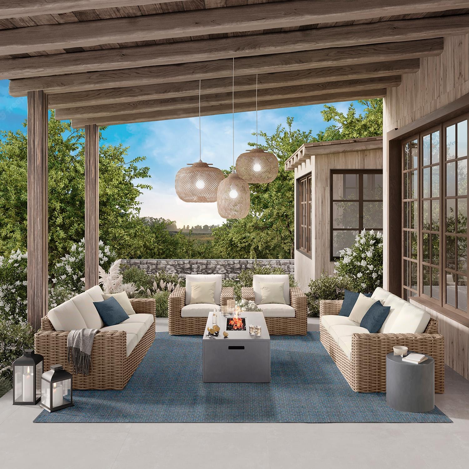 Mia 6 Pc Resin Wicker Fire Pit Seating Set in Driftwood/Adena Celeste by Ebel