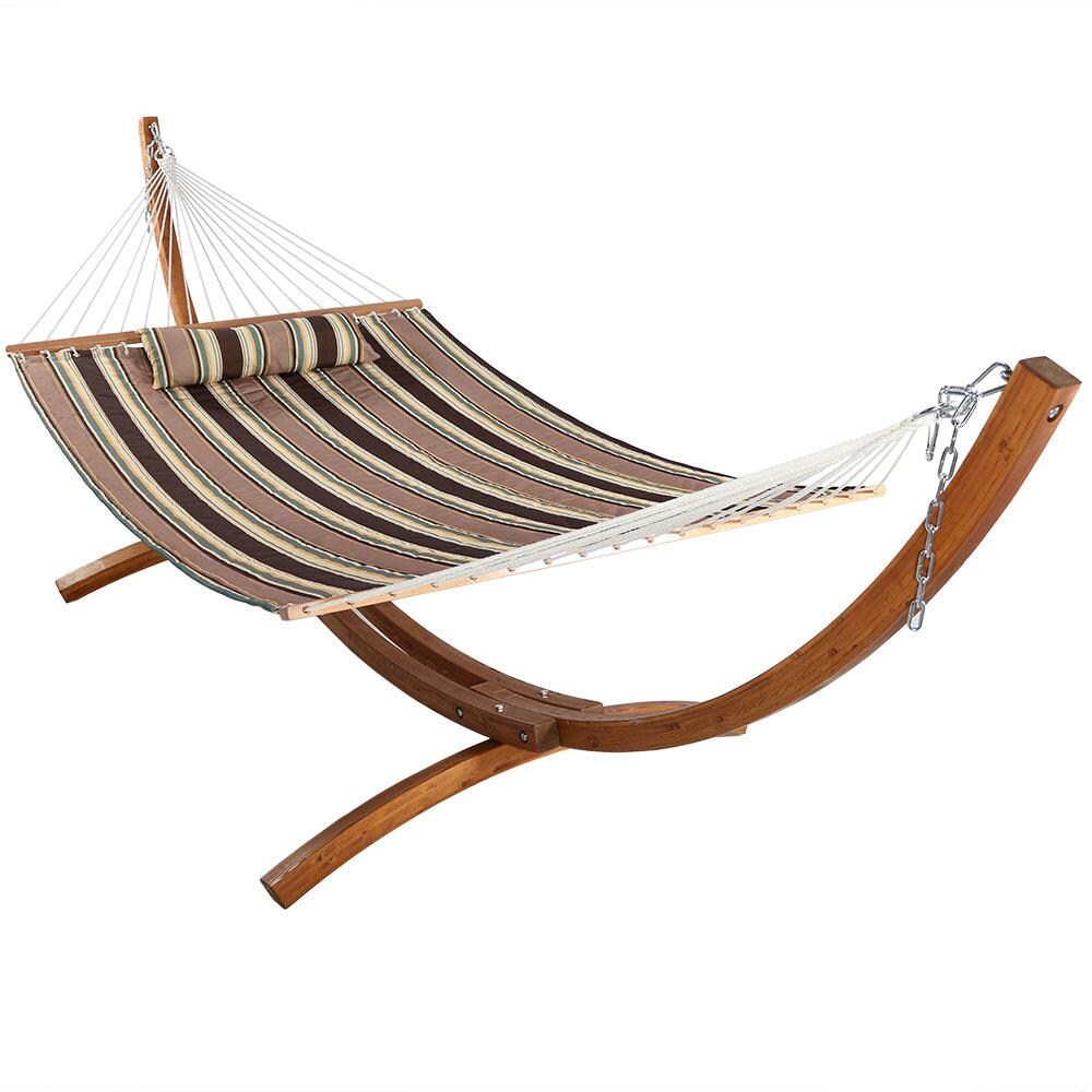 Sunnydaze Decor Quilted Double Hammock w/ 12-Foot Wood Stand & Pillow - Sandy Beach - BTFHB -12WHS-COMBO