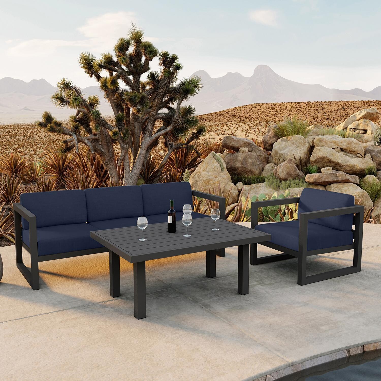 Misty Cove 3 Piece Seating Set in Slate w/Chat Table & Spectrum Indigo Cushions by Lakeview - Lifestyle thumbnail