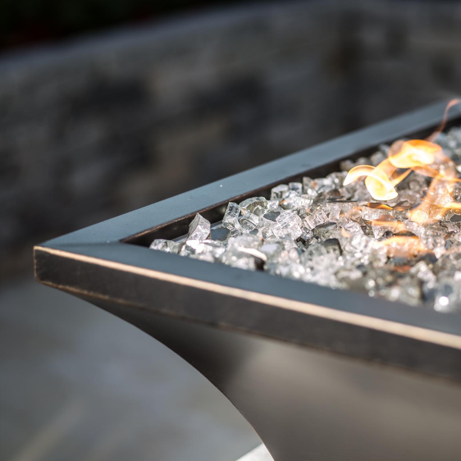 BBQGuys Signature Series Lavelle 24-Inch Square High-Rise Propane Fire Bowl - Oil Rubbed Bronze - Corner Detail - Shown with 1/2 inch Diamond Clear Reflective Fire Glass (Sold Separately) thumbnail
