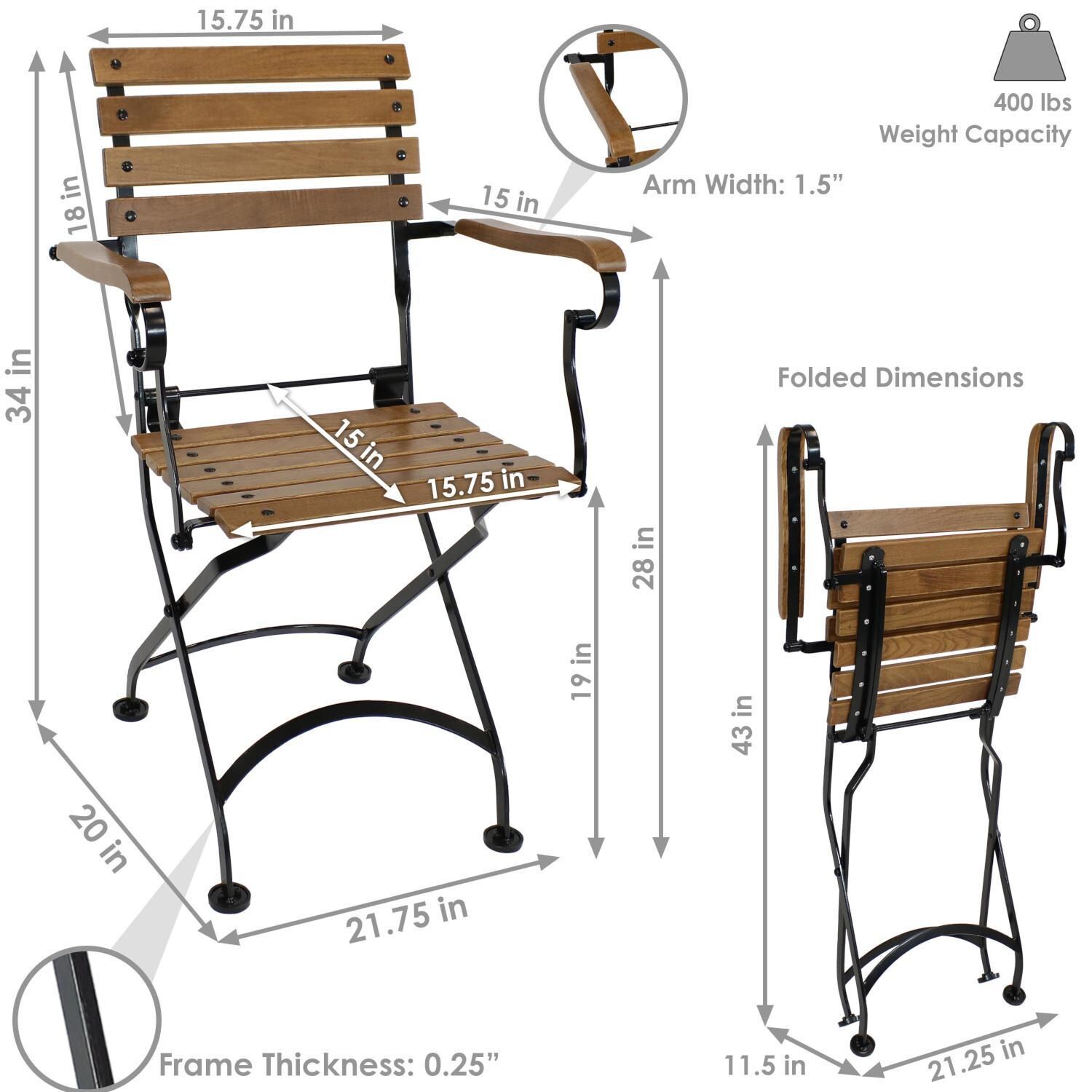 Ultimate Patio 2 Piece Essential European Chestnut Wooden Folding Bistro Armchair Set - Dimensions thumbnail