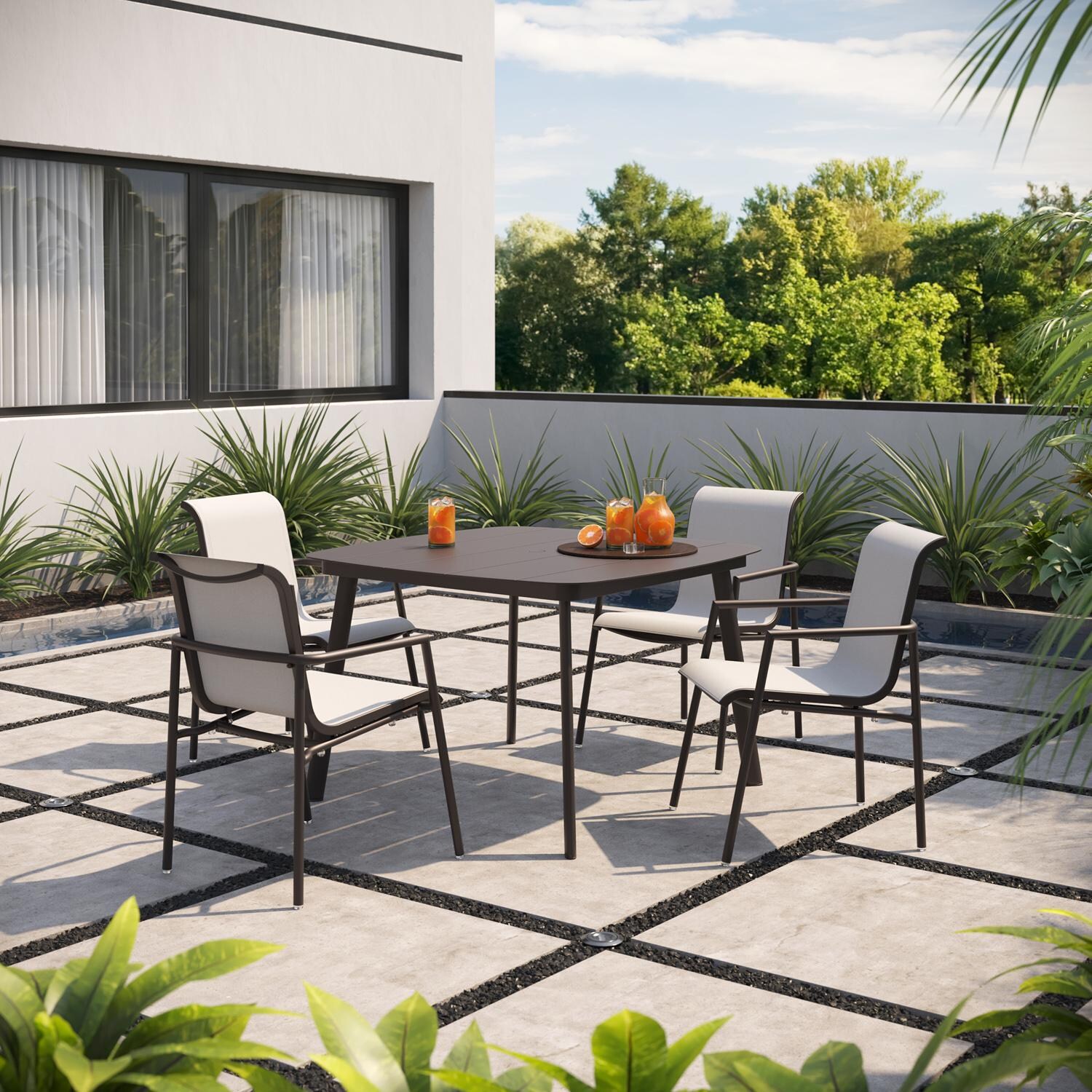 Orso 5 Pc Soft Sling & Aluminum Dining Set W/ Arm Chairs in Carbon/Fog By Oxford Garden