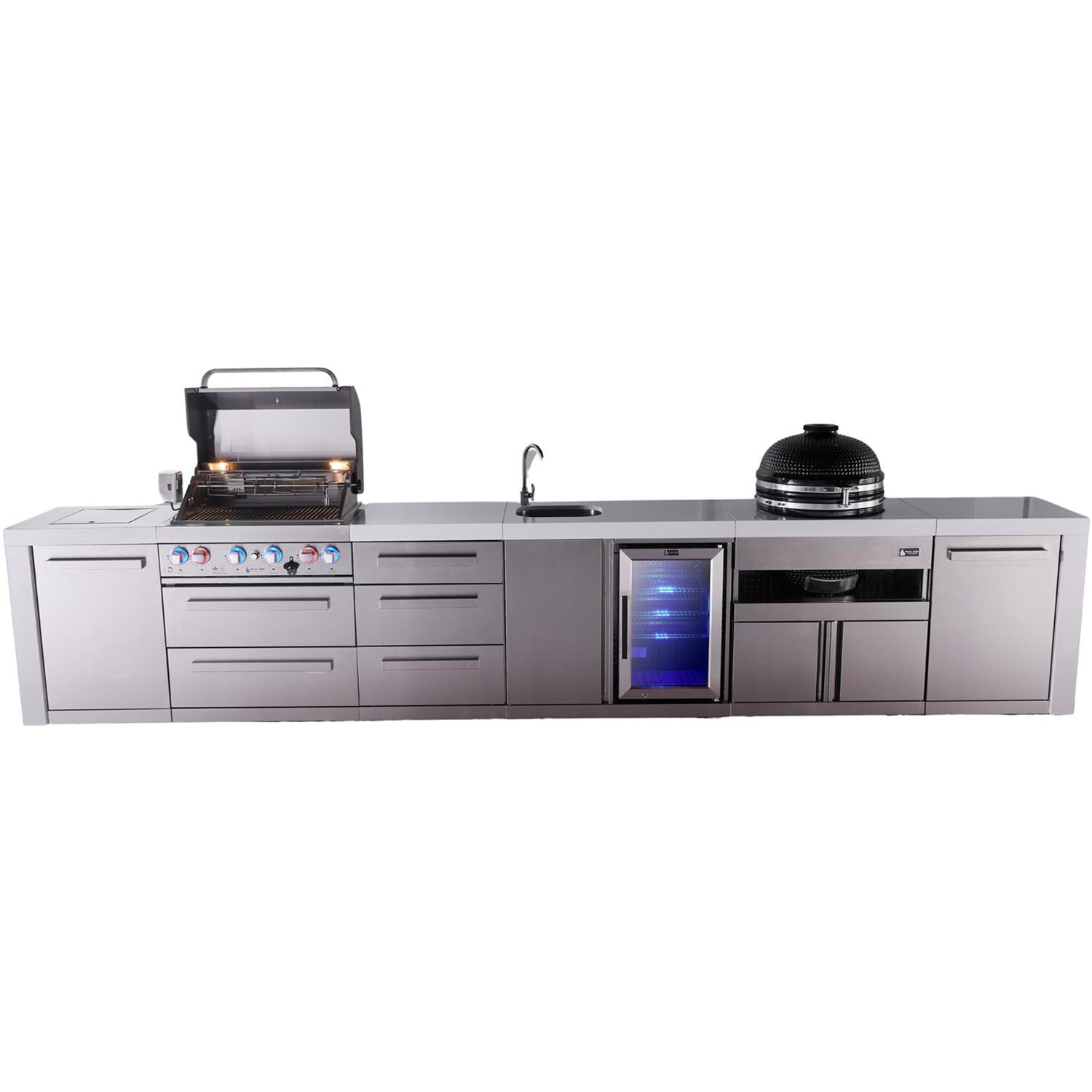 Mont Alpi Deluxe Series 14 Ft Natural Gas Outdoor Kitchen Island w/ 32-in Grill, Side Burner, Beverage Center, Kamado Module & Triple Drawer (Ships Propane w/ Conversion Kit) - Grill Open - White Background thumbnail