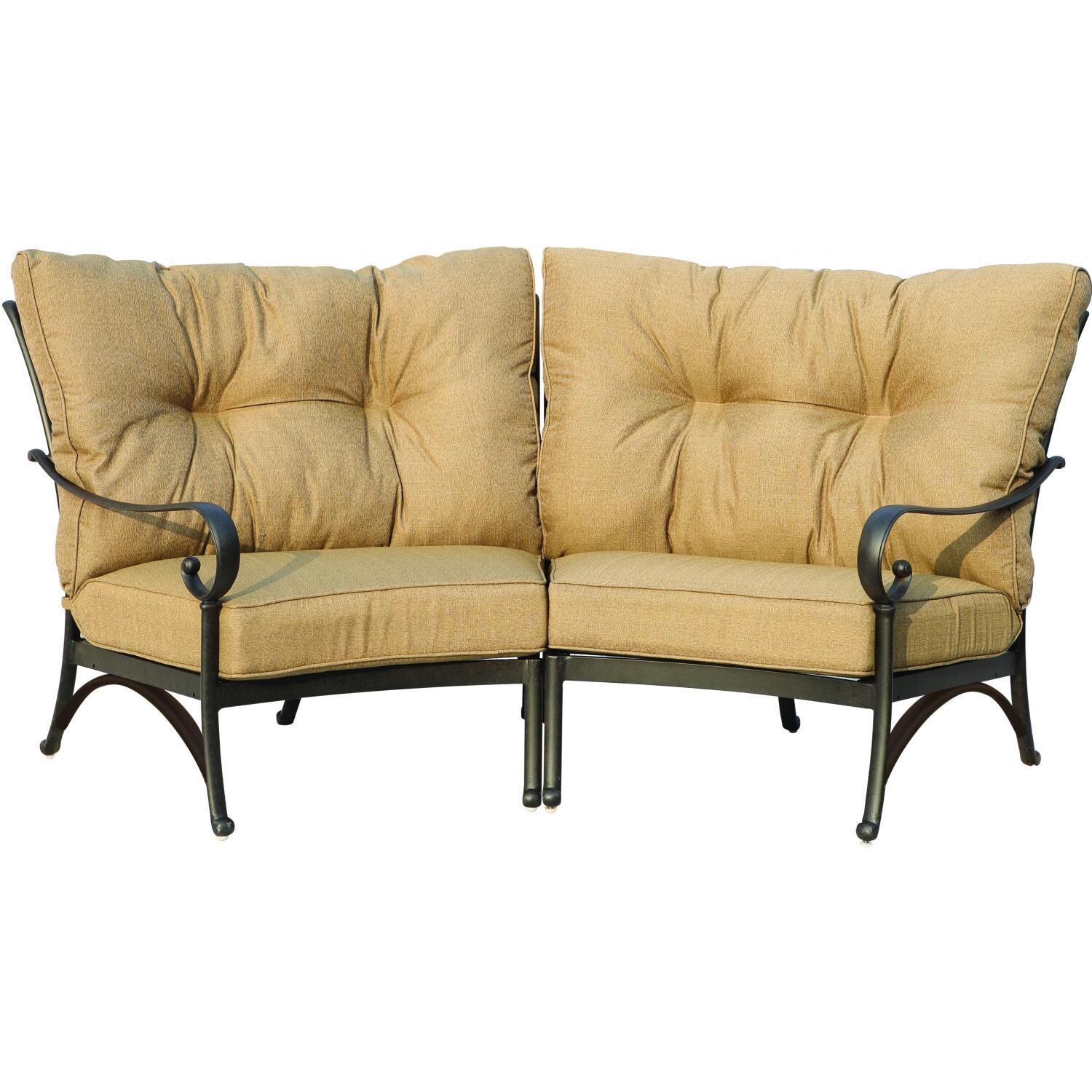 Santa Anita 5 Pc Cast Aluminum Patio Sectional Set w/ Heather Beige Sunbrella Cushions By Darlee - Crescent Chair - White Background thumbnail