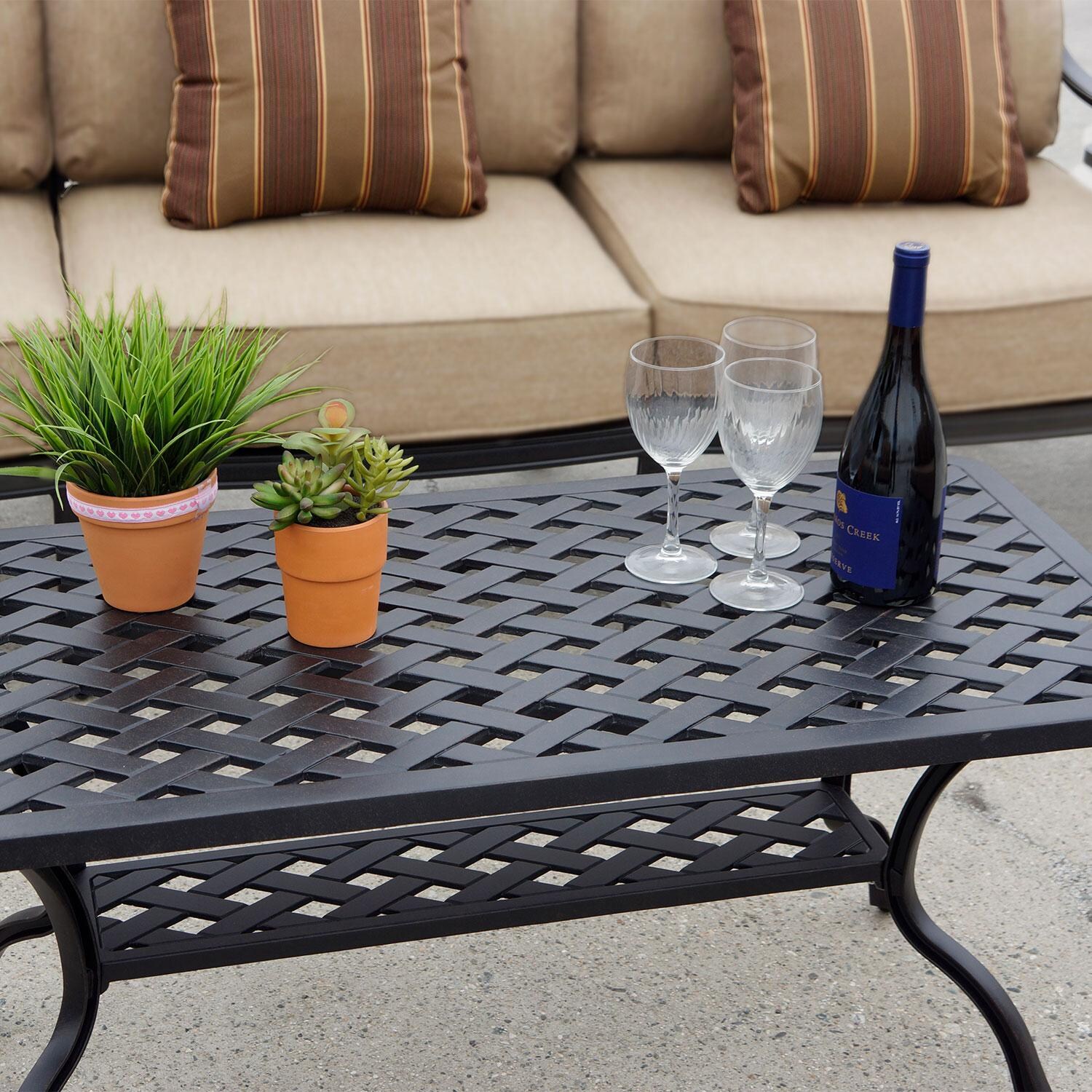 Darlee Nassau 4-Piece Patio Sofa Conversation Set with Cushions and 21 X 42 Inch Rectangular Coffee Table - Sofa and Table - Lifestyle thumbnail