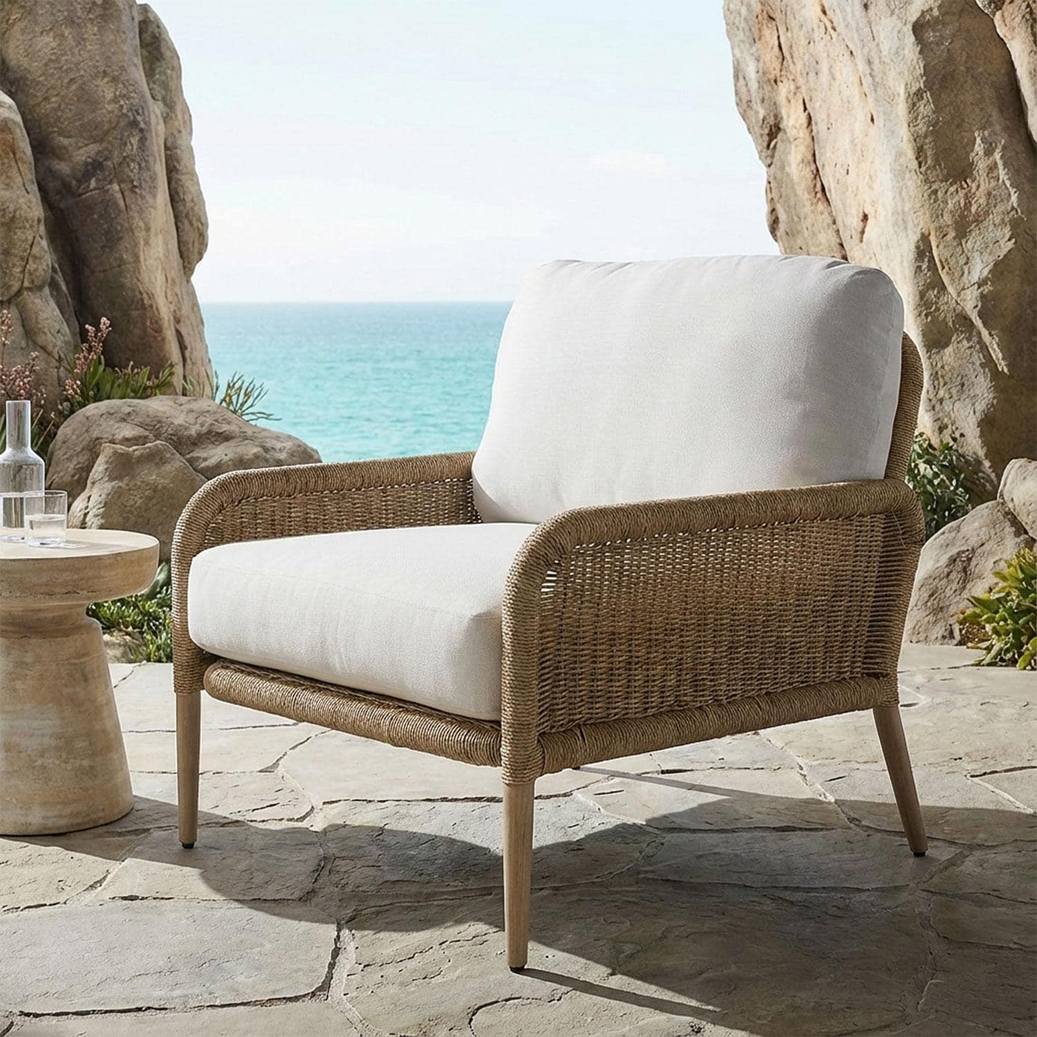 Rustic View Wicker Outdoor Club Chair in Natural W/ Sunbrella Cushions by Lakeview Outdoor Designs - Lifestyle thumbnail