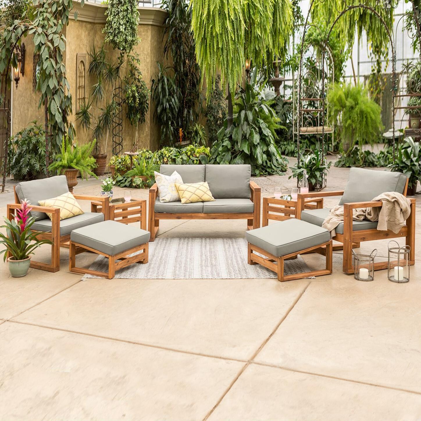 Ultimate Patio Window Bay 7 Piece Acacia Patio Conversation Set W/ Gray Cushions thumbnail