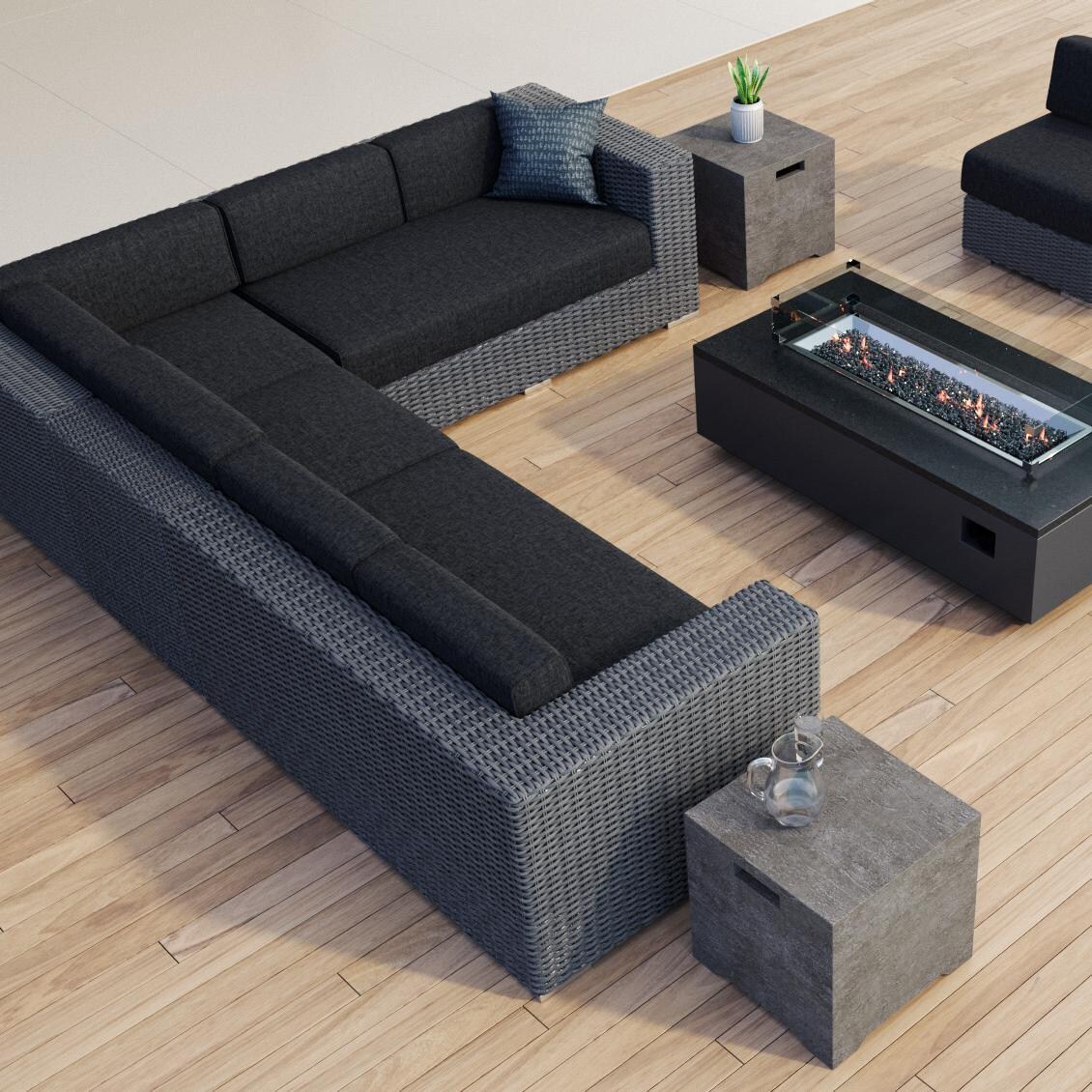 Sunset West Emerald II 8 Piece Resin Wicker Patio Fire Pit Conversation Set W/ Tank Cover, End Table, & Spectrum Carbon Cushions