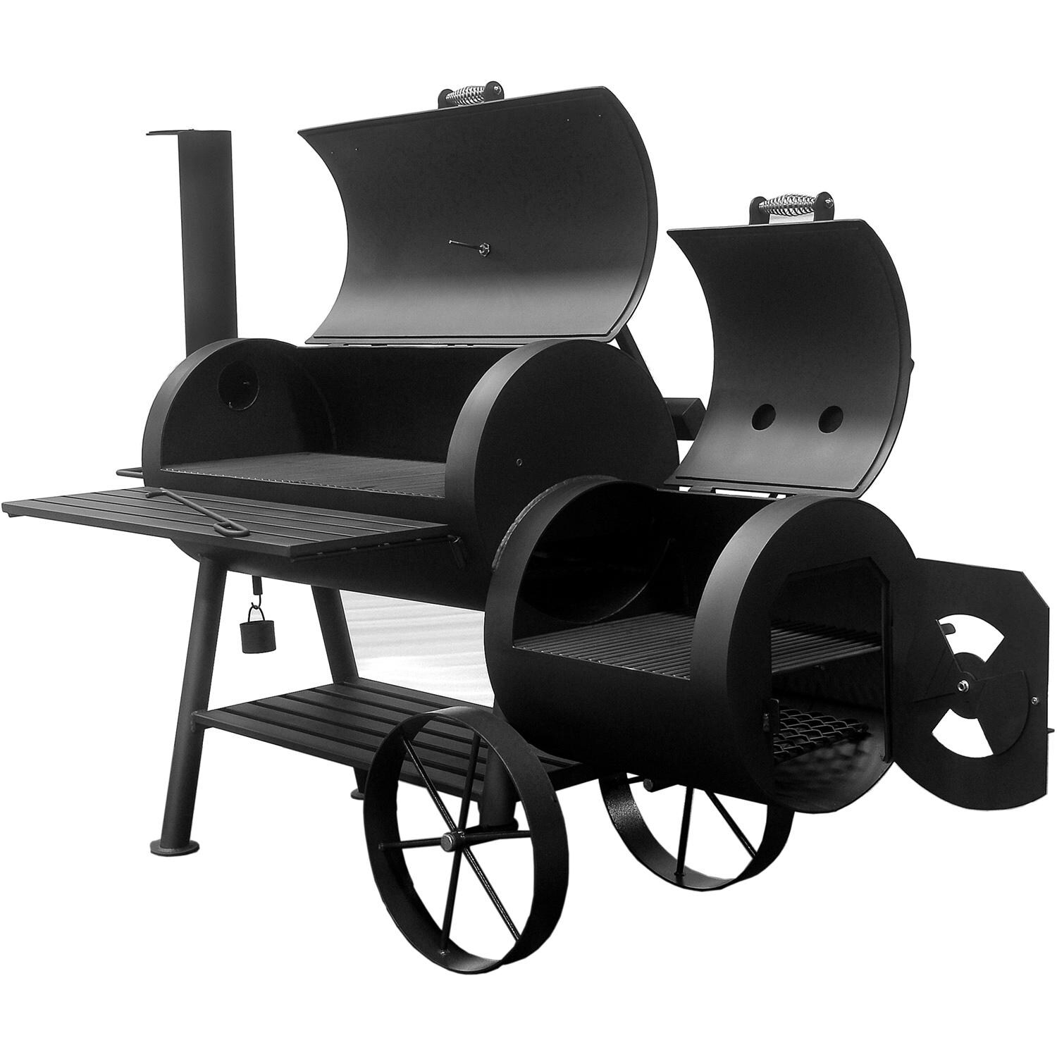 2001 - BBQ Pit Boys Yosemite Offset Charcoal Smoker - Right Side Angled View With Hoods Open thumbnail