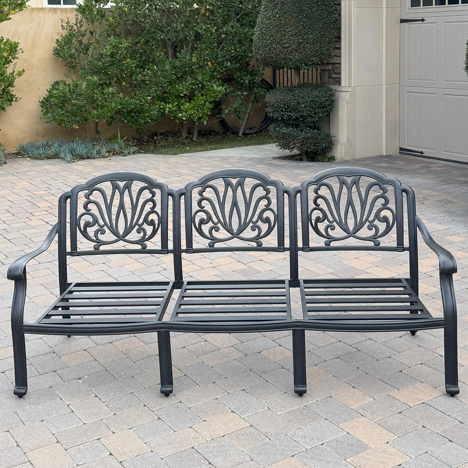 Darlee Elisabeth 6 Pc Cast Aluminum Fire Pit Sofa Seating Set w/ 47 Inch Table & Throw Pillows in Antique Bronze/Beige - Sofa w/ no Cushions - Lifestyle thumbnail