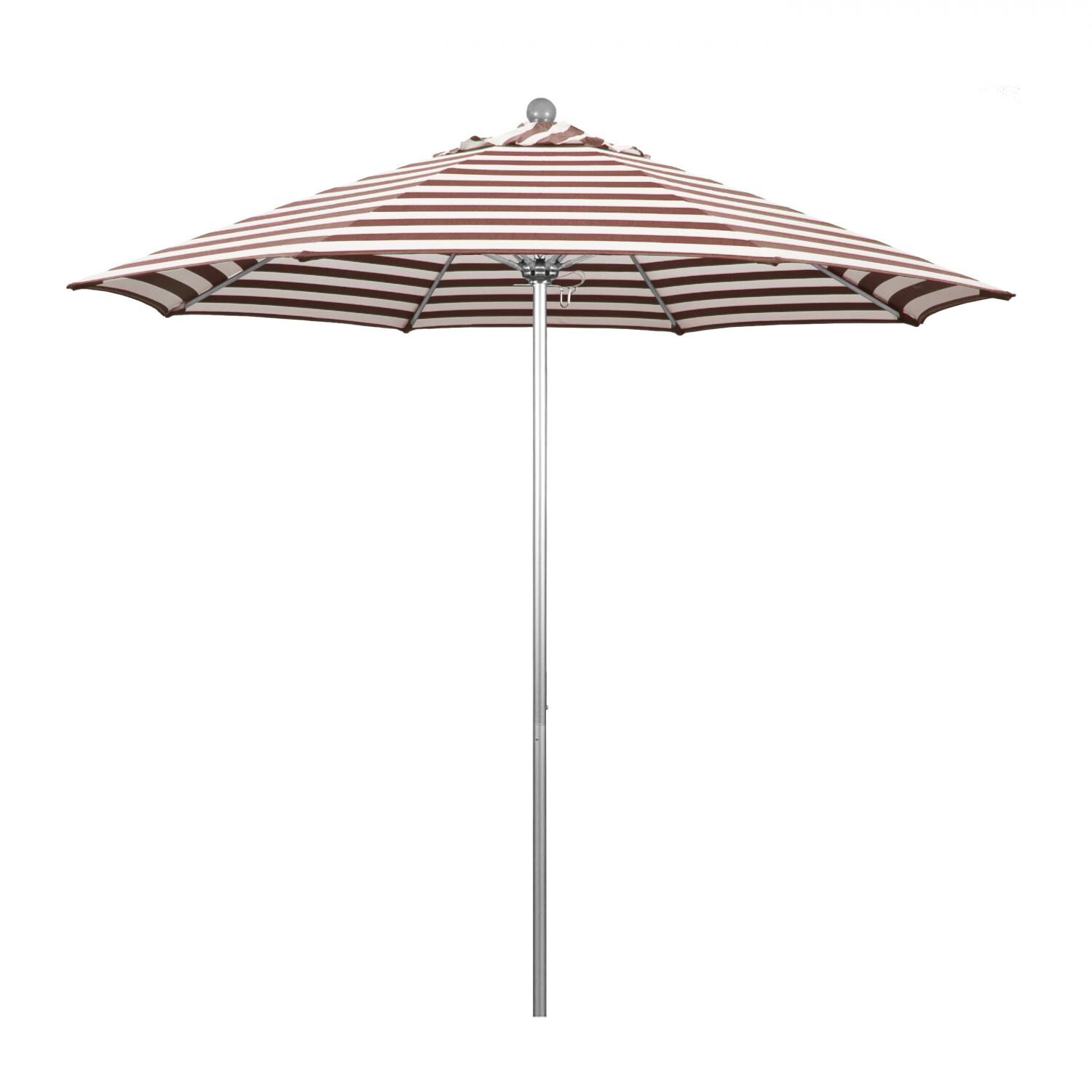 California Umbrella Venture Series 9 Ft Octagonal Aluminum Patio Umbrella W/ Push Lift & Fiberglass Ribs - Silver Anodized Frame / Olefin Brick White Cabana Stripe Canopy image