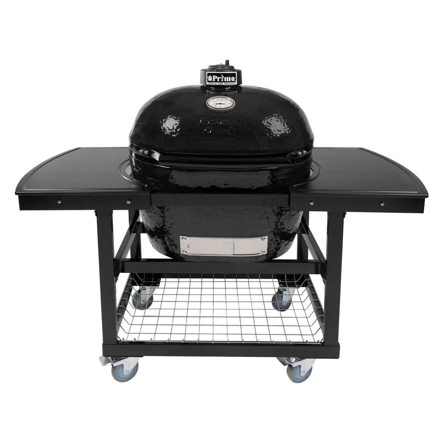 Primo Oval XL 400 Ceramic Kamado Grill On Steel Cart With 2-Piece Island Side Shelves And Stainless Steel Grates - 778